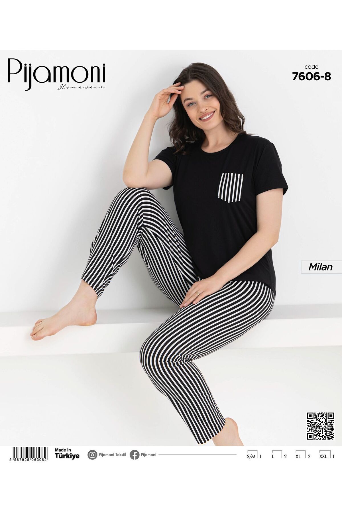 Pijamoni Bambu Milan Kumaş Siyah Beyaz Renkli Sıfır Yaka Kısa Kollu Kadın Pijama Takımı