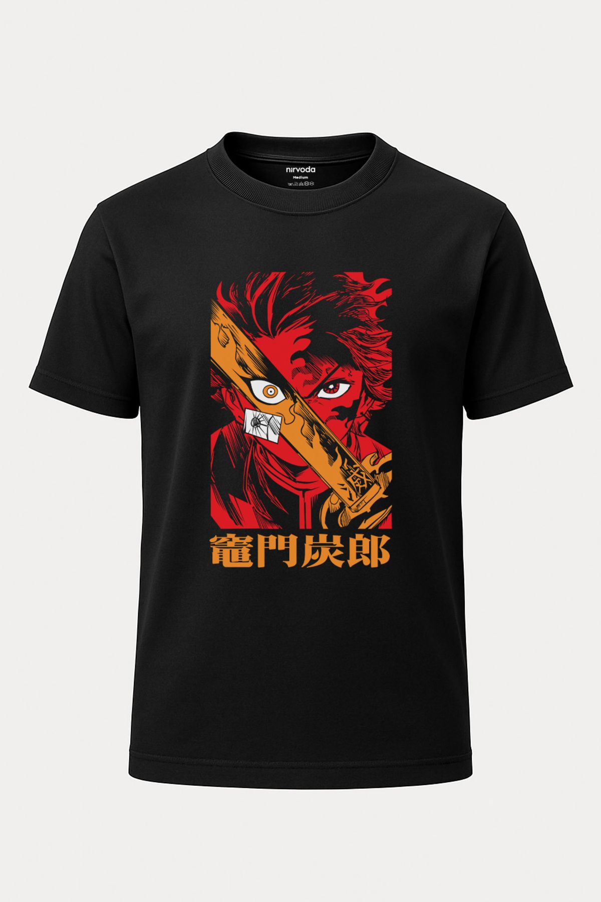 nirvoda Unisex Tanjiro Kamado Baskılı Demon Slayer Tişört - Siyah Anime T-shirt