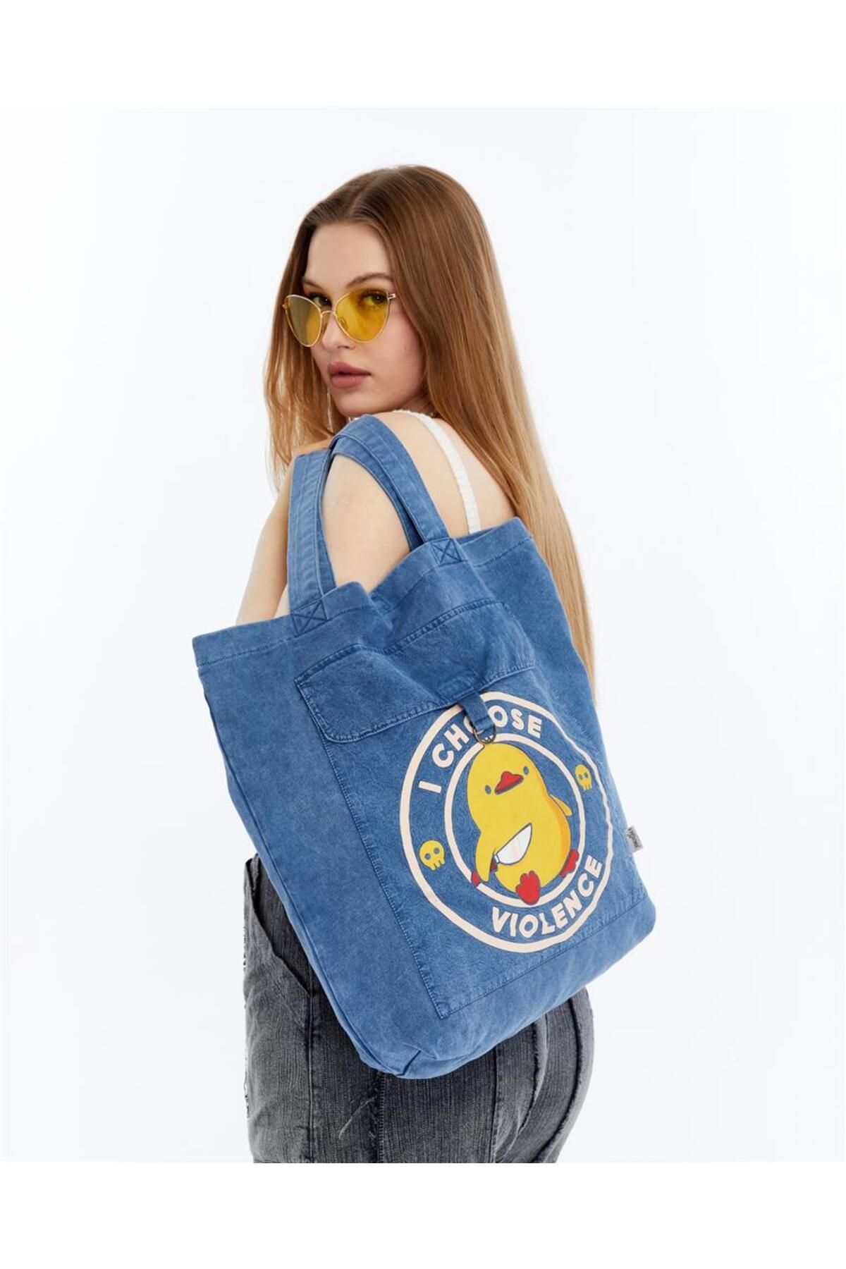 S-Ponder Belalı Civciv Baskılı %100 Pamuk Çıt Çıt Kapatmalı Tote Bag Bez Kol Ve Omuz Çantası