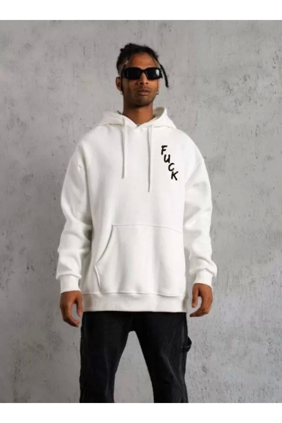 MODA Unisex Kapşonlu Uzun Kol Baskılı Sweetshirt - Beyaz