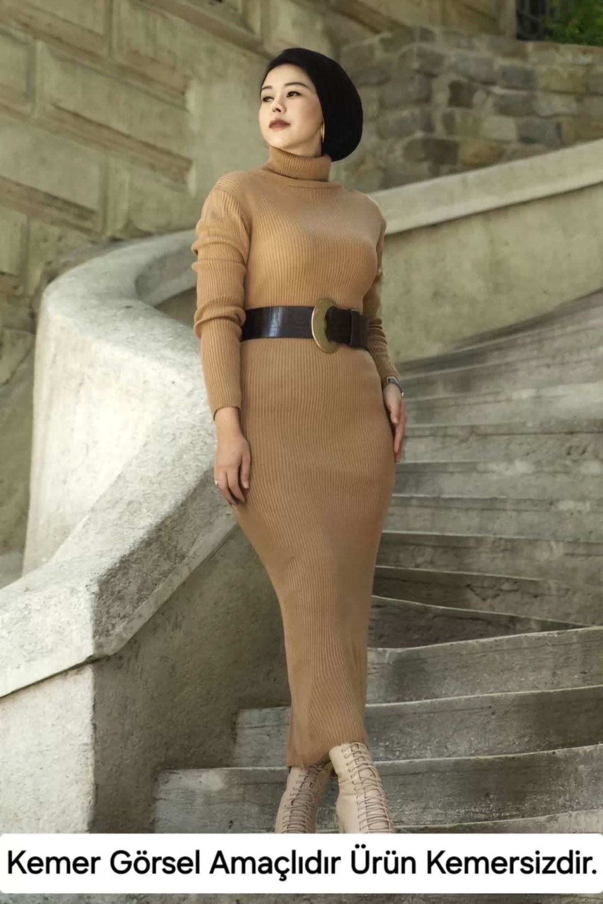 MODA Kadın Boğazlı Uzun Fitilli Triko Dokuma Elbise - Kahverengi