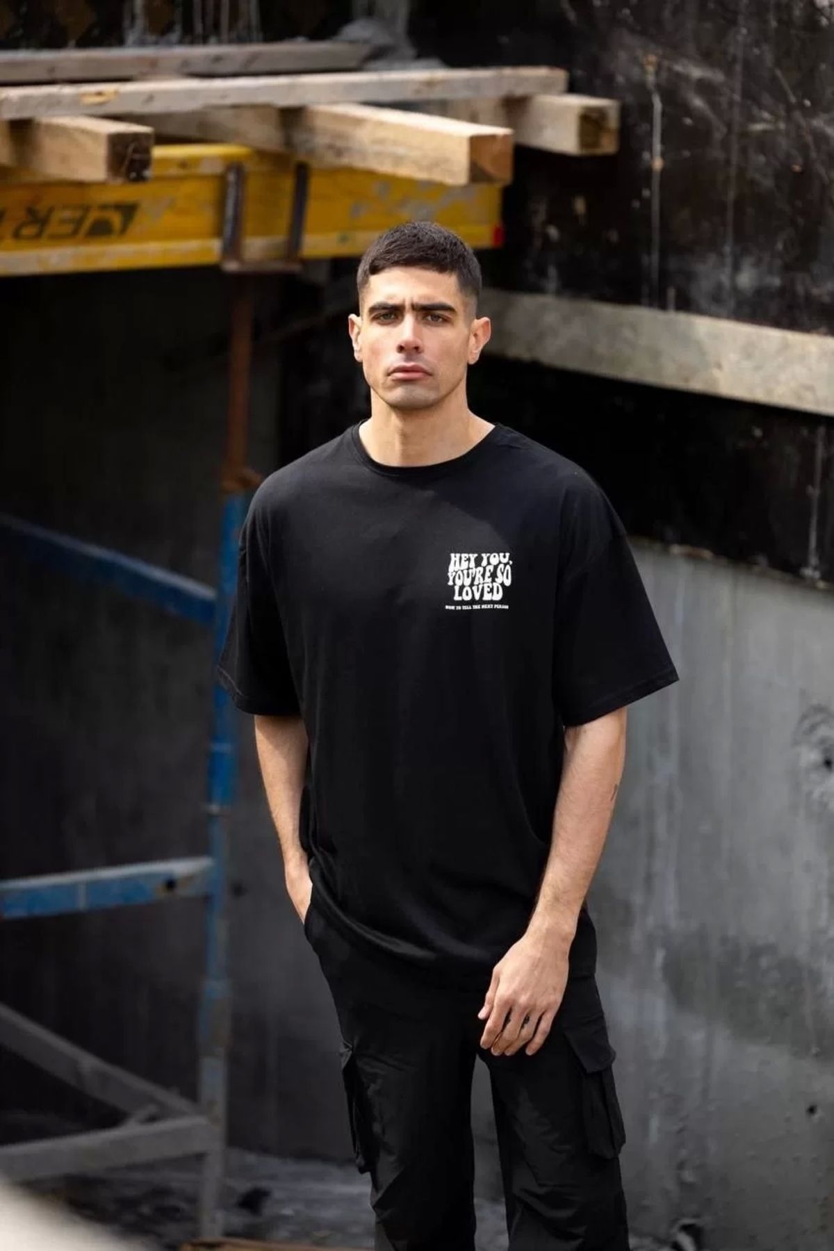 MODA Unisex Bisiklet Yaka Baskılı Oversize T-Shirt - Siyah
