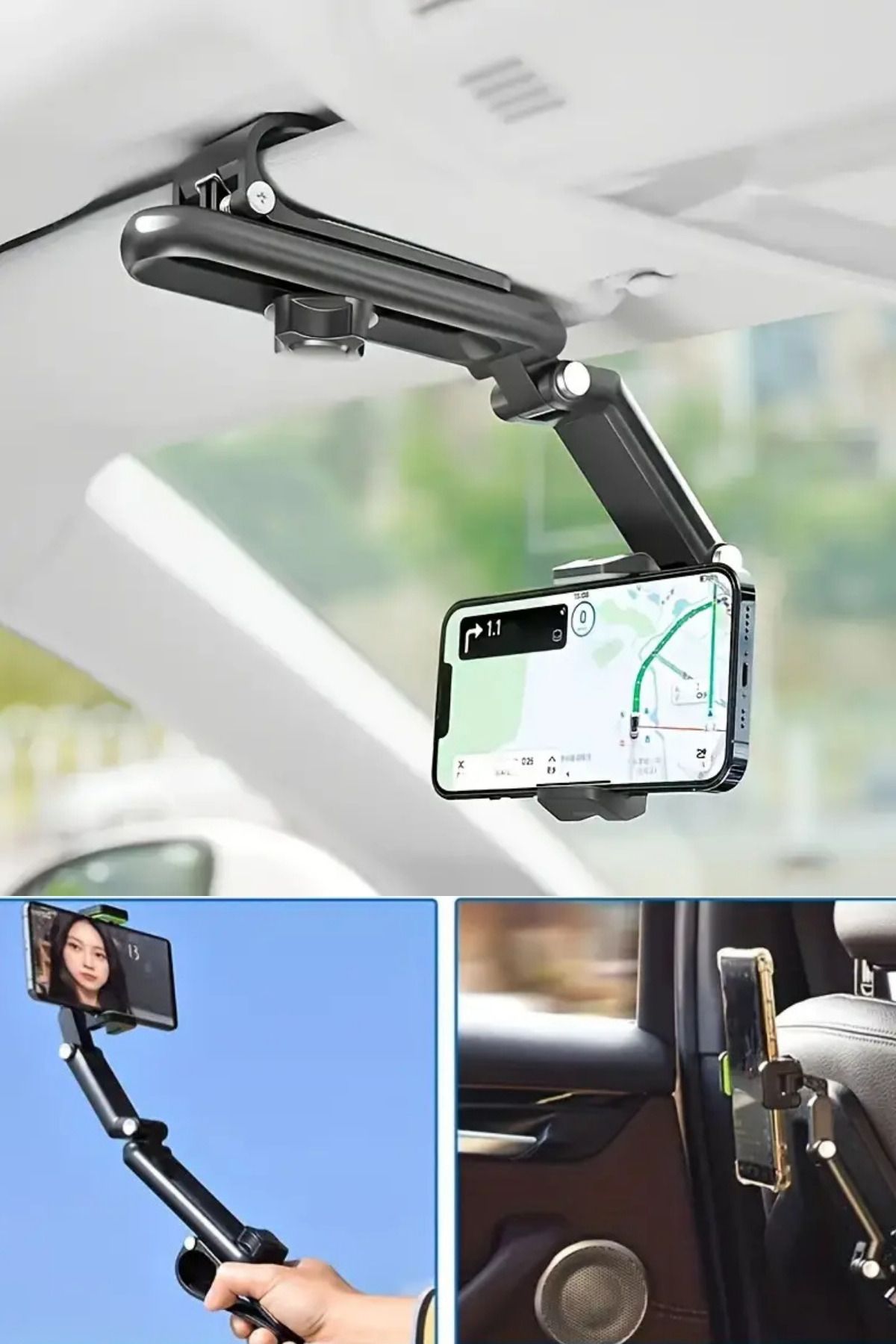 SEBURAM Multifonksiyonel Selfie Çubuklu Araç Güneşliğe Takılan Araç Içi Telefon Tutucu Tripod