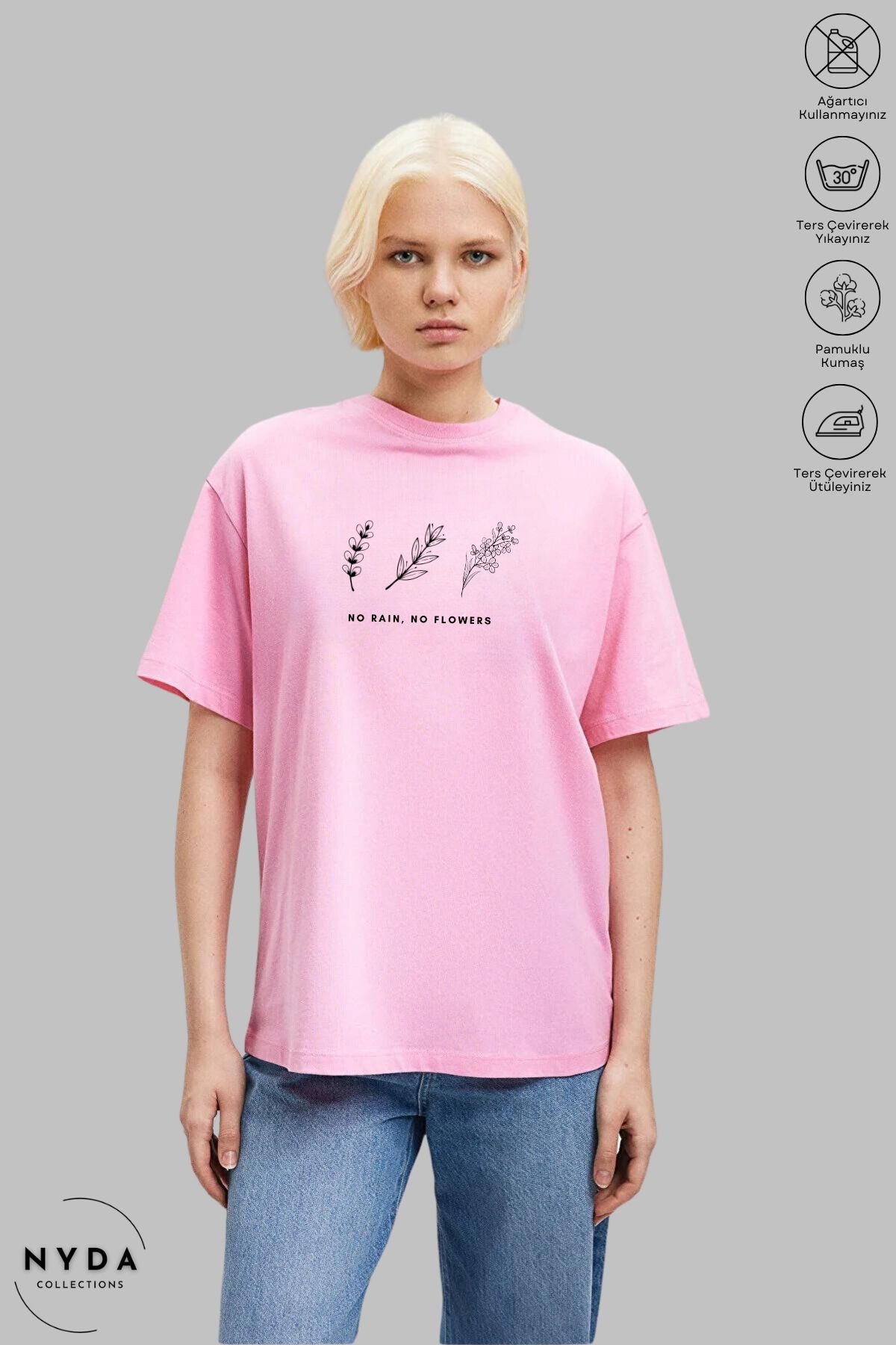 Nyda Collections Kadın Bisiklet Yaka Minimal Çiçek Baskılı Pamuk Oversize Kısa Kollu Tişört