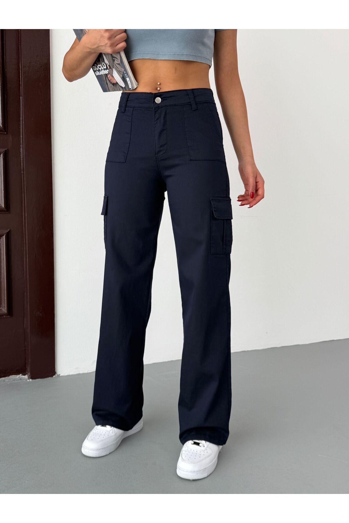 Wearflawless Kadın Kargo Cepli Gabardin Kumaş Yüksek Bel Pantolon