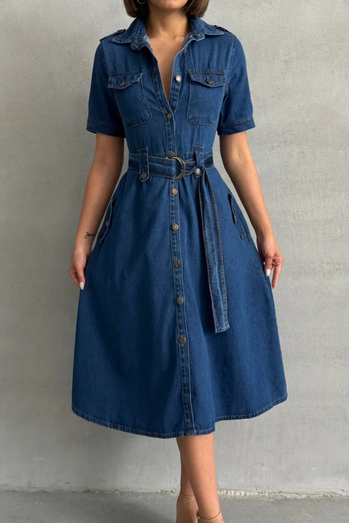 fehika Kadın Mavi Jeans Gömlek Jile Elbise Kısa Kollu Kemerli Midi Boy Denim Elbise