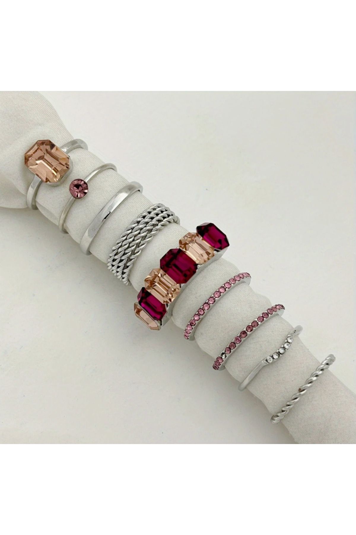 Takıtolia Vanta Gümüş Renk - 9 Adet Renkli Taşlı Şık Tasarım Vintage Çoklu Silver Yüzük Seti