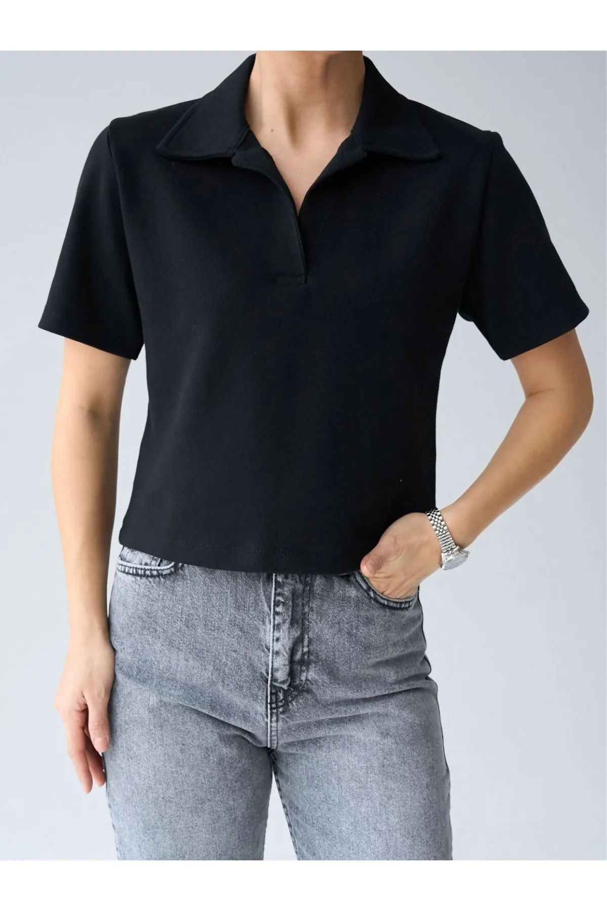 bysedaortac Kadın Örme Kumaş Polo Yaka Düğmesiz Polo Yaka Kısa T-Shirt
