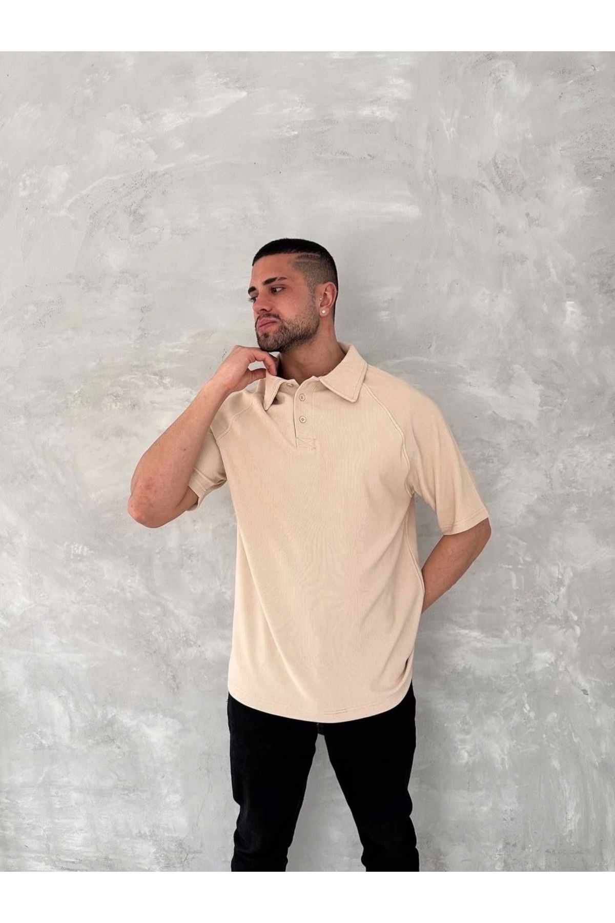 MODA Yakalı Patlı Kısa Kol T-shirt - Bej