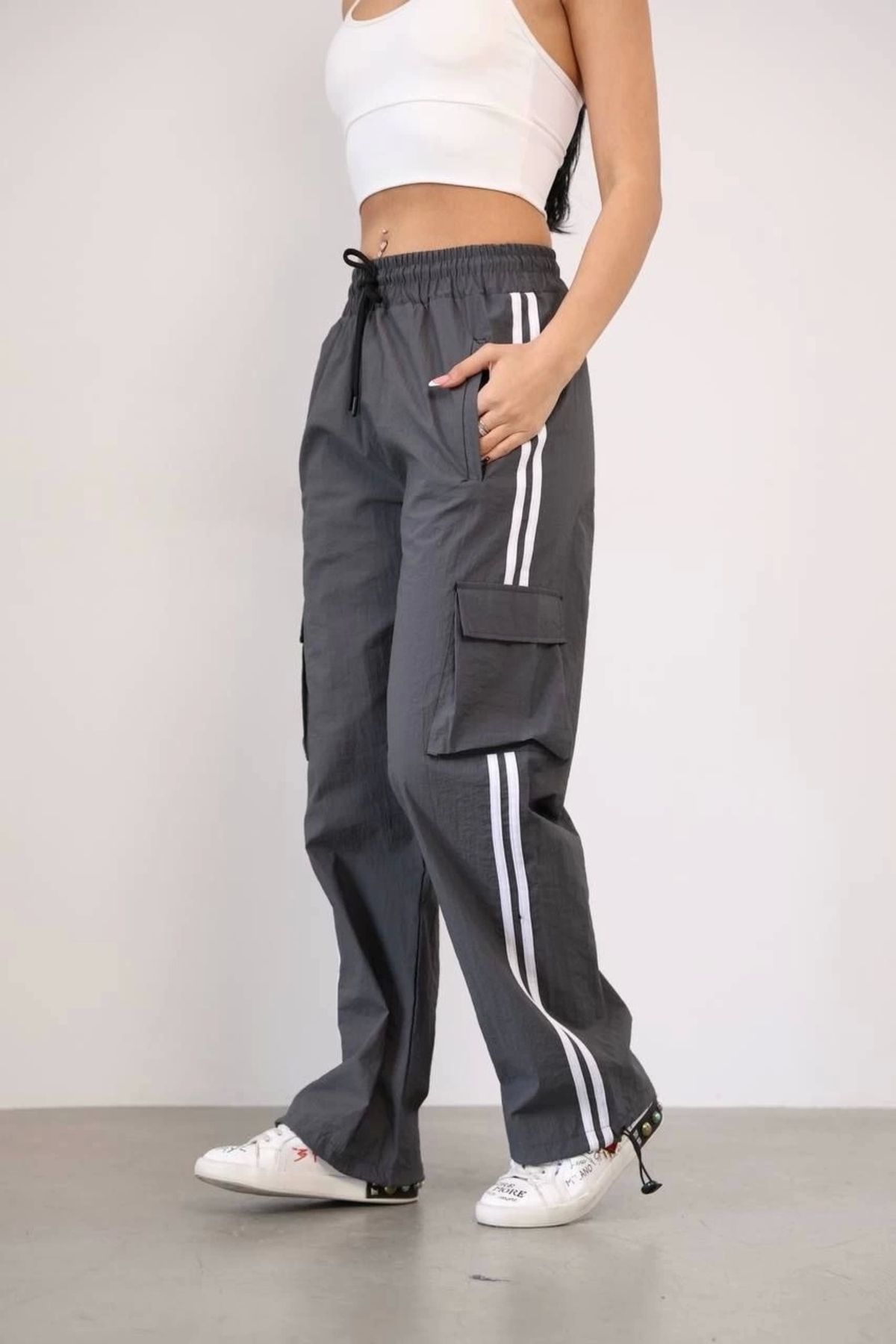 MODA Praşut Kumaş Kargo Çeplı Baggy Esofman - Gri