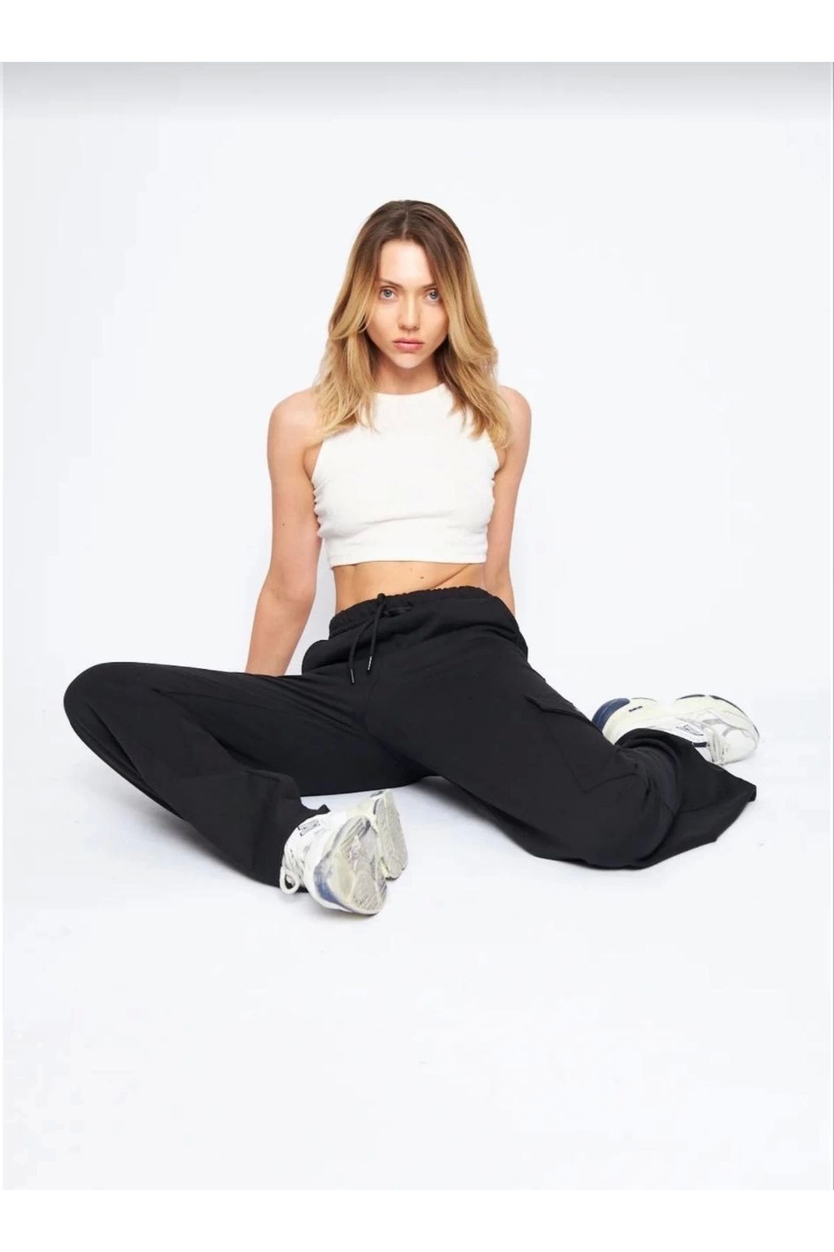 MODA Kargo Cepli Palazzo Oversize Kesim İki iplik Bol Paça Eşofman Altı Pantalon - Siyah