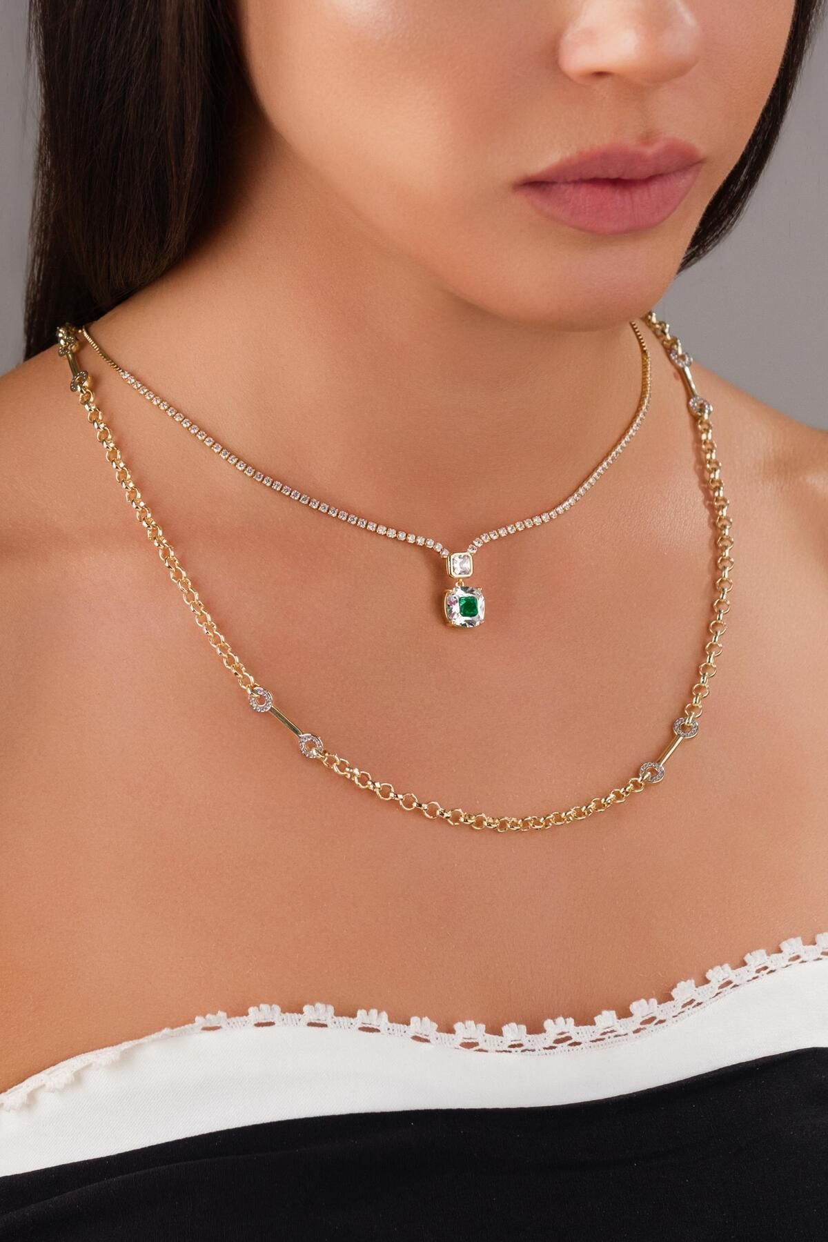 STYLE OF CARMEN ÇELİK SUYOLU YEŞİL TAŞLI KOMBİN KOLYE
