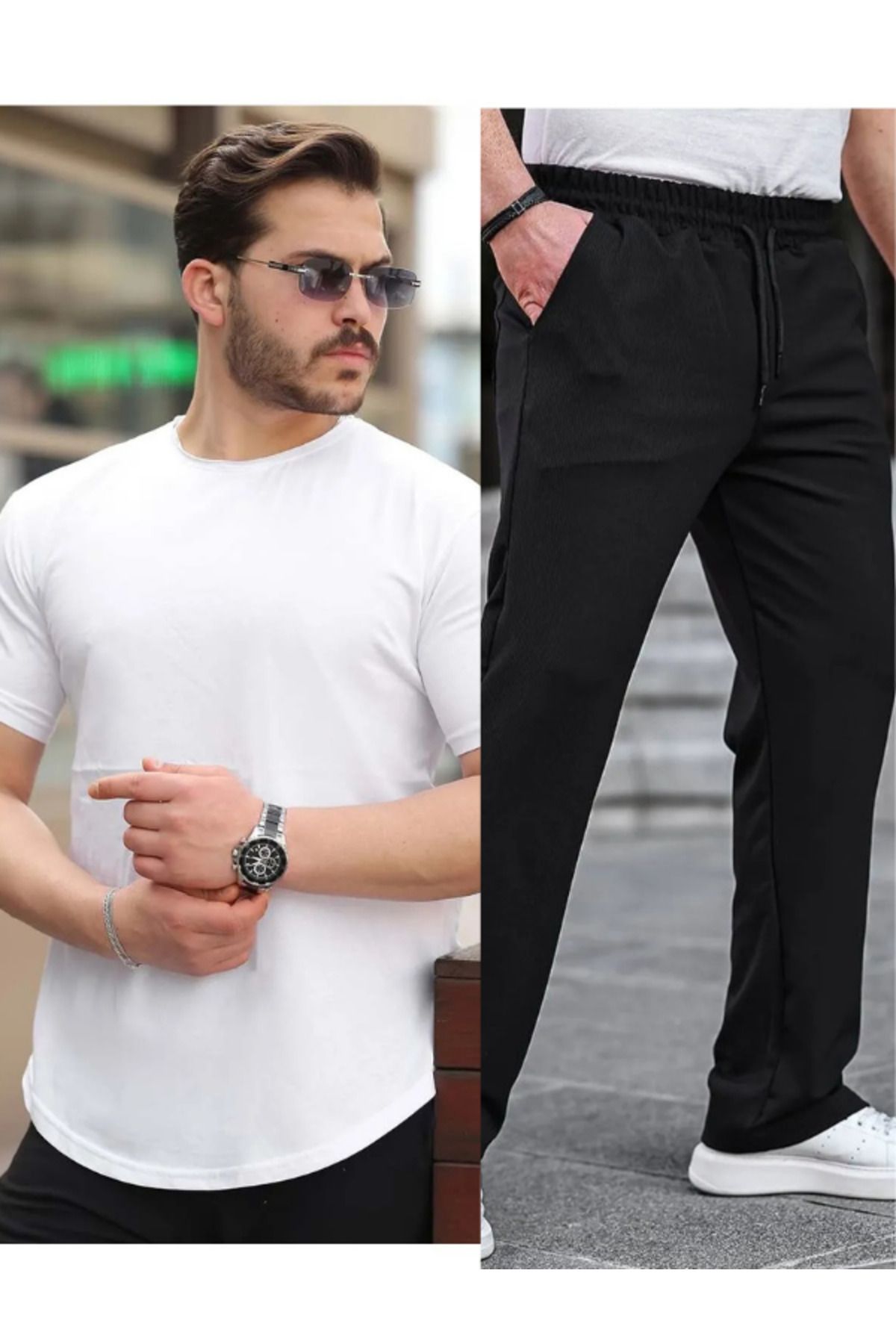 Liberto Erkek Oversize Pis Yaka Tişört + Yırtmaçlı Ottoman Baggy Alt Takım – Rahat ve Sokak Stili Kombin