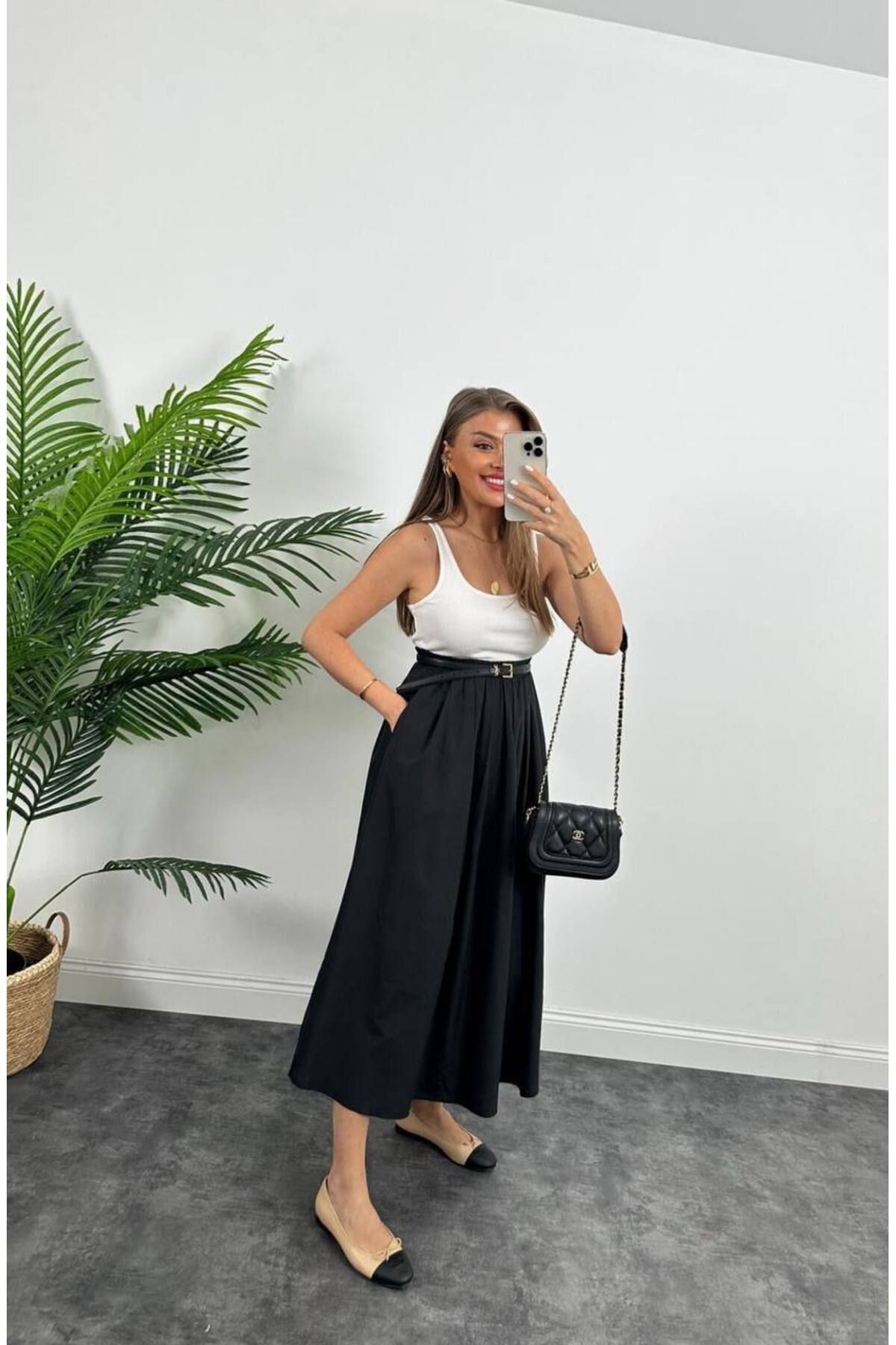bm bessomoda fashion boutique Kadın Cepli Beli Lastikli Poplin Kloş Uzun Etek