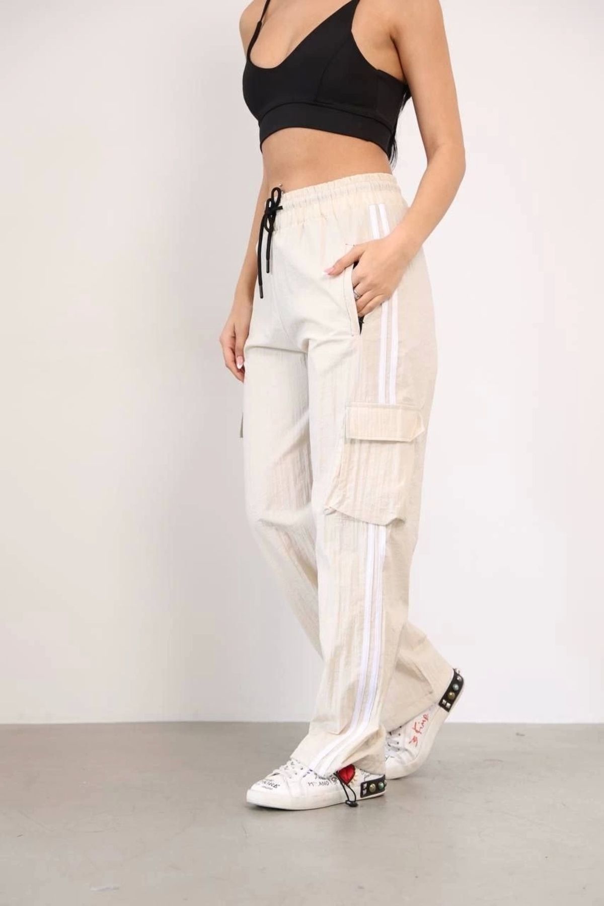 MODA Praşut Kumaş Kargo Çeplı Baggy Esofman - Bej