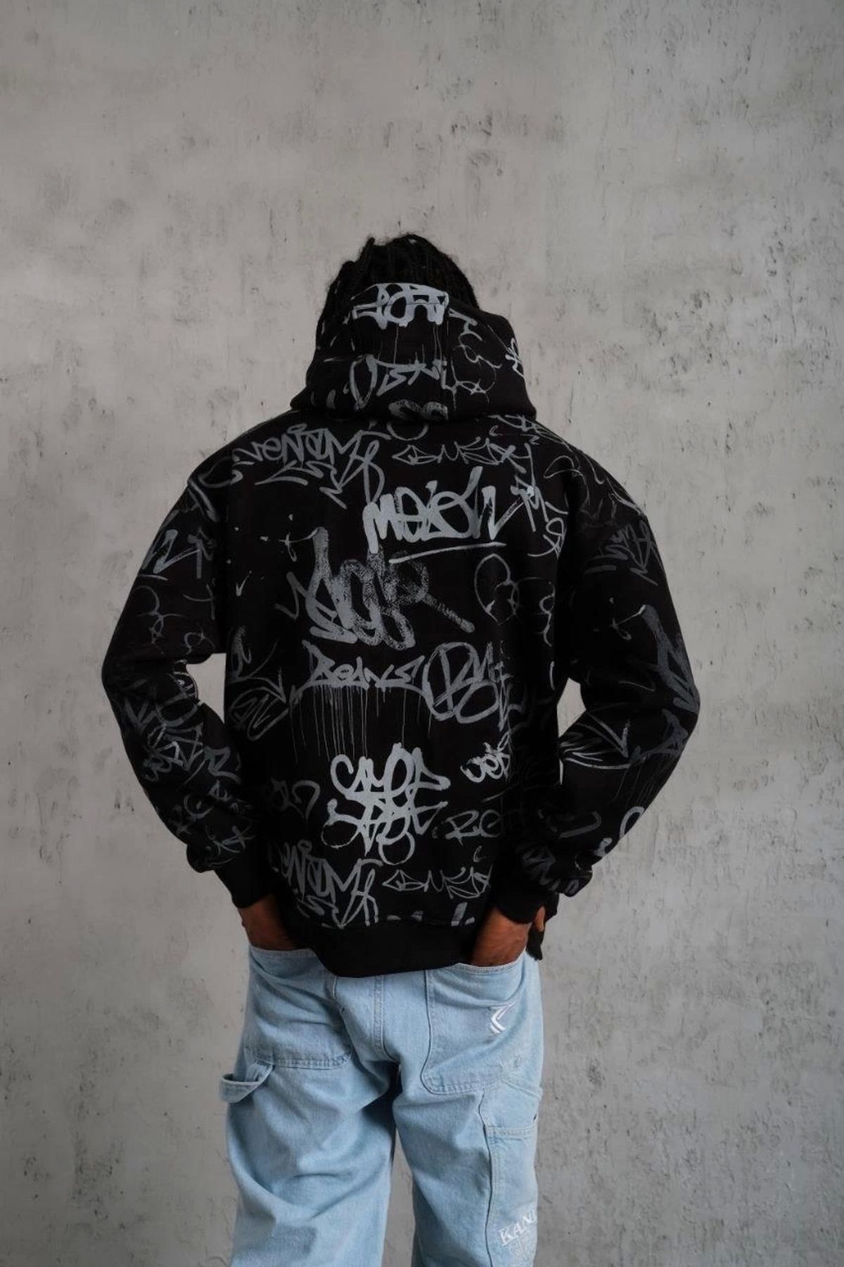 MODA Erkek Baskılı Kapüşonlu Ribanalı Sweat - Siyah
