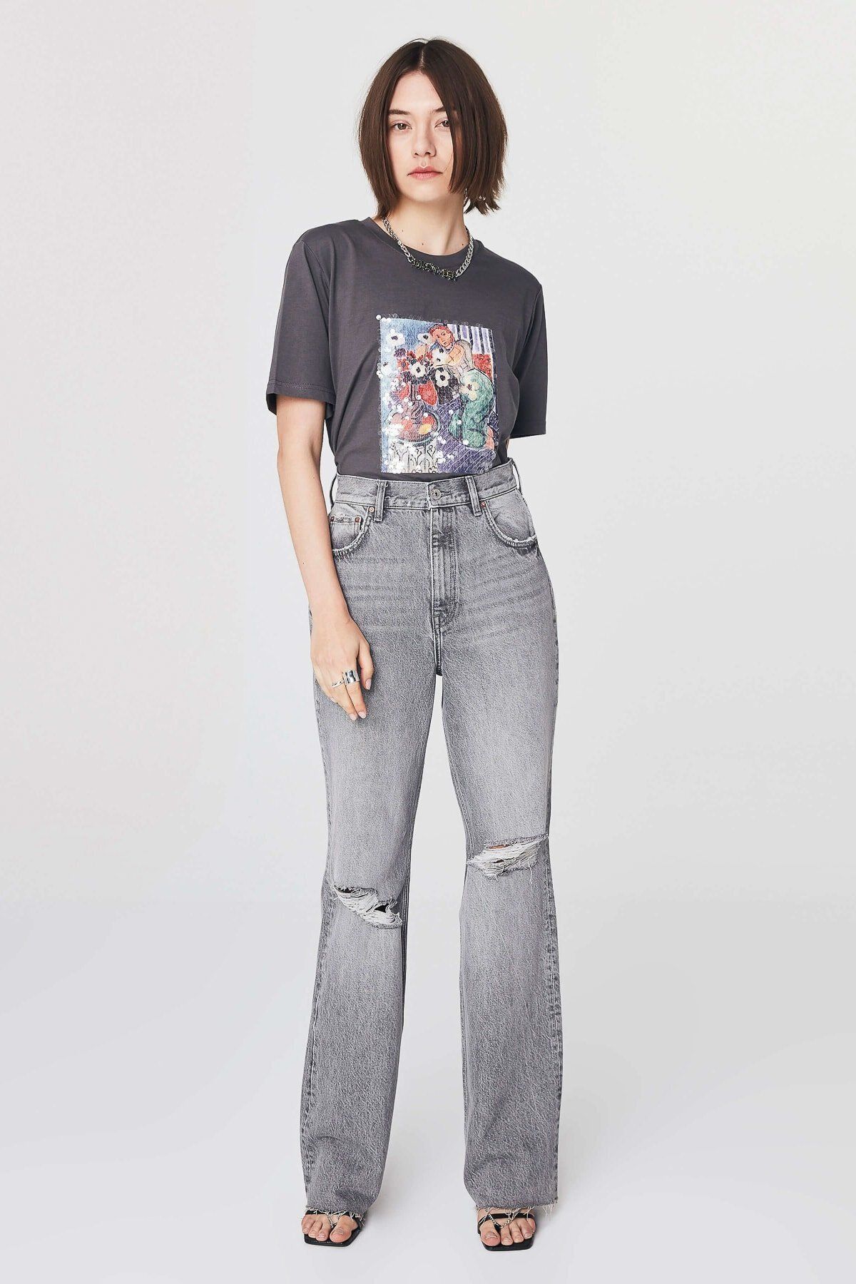 bysedaortac Gri Super High Rise Full Length Jean Pantolon