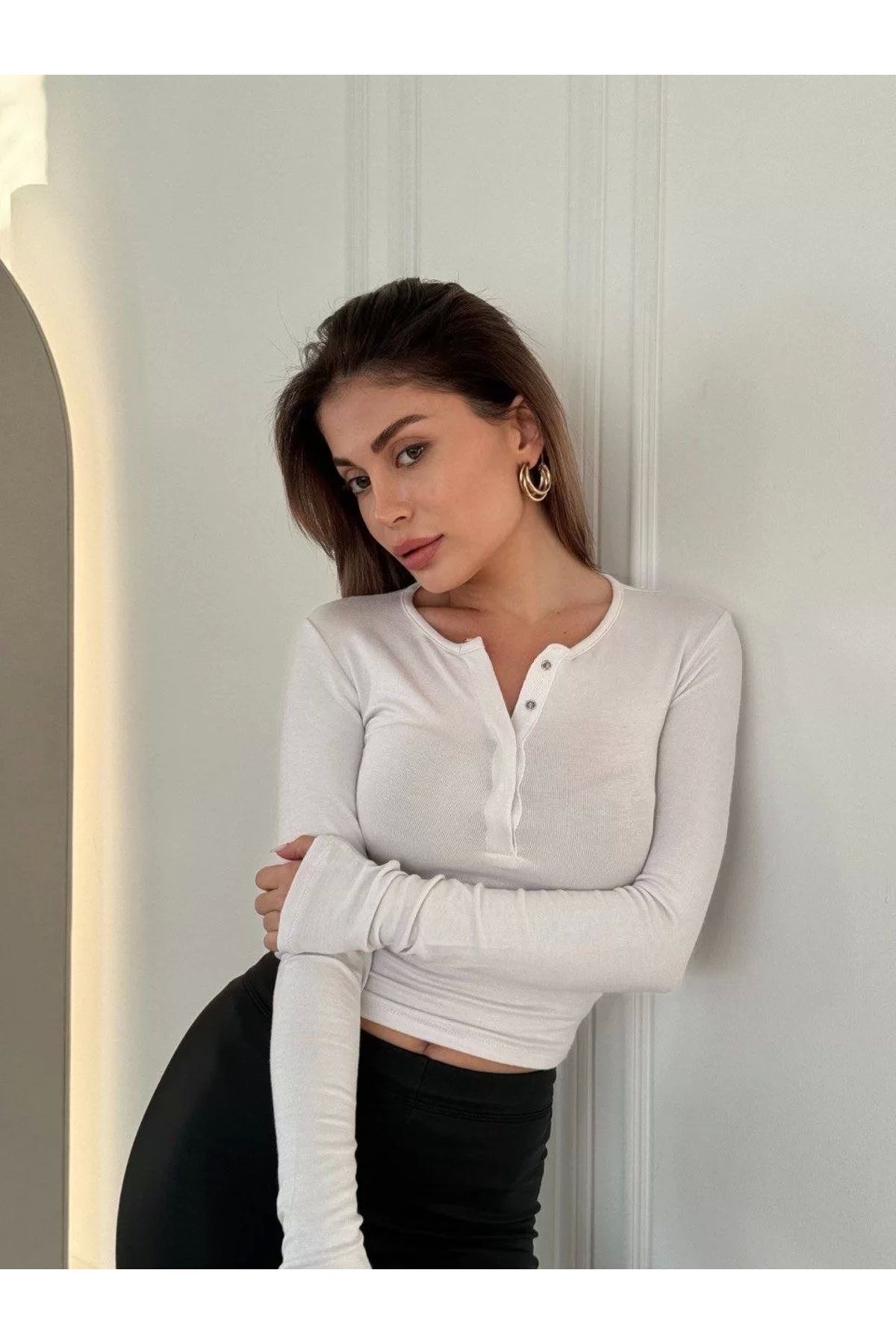 MODA Cıt Cıt Detaylı Uzun Kollu Crop - Beyaz
