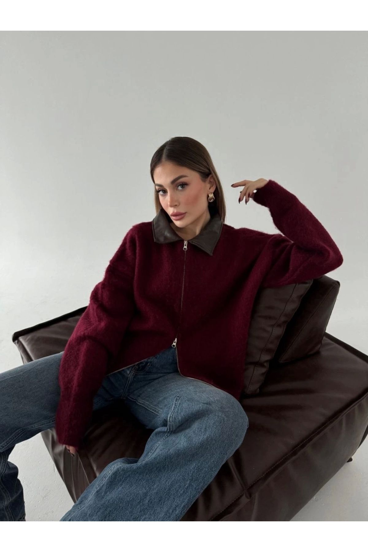 MODA Deri Yakalı Pamuk dokulu Çift Taraflı Çalışan Fermuar Ceket - Bordo