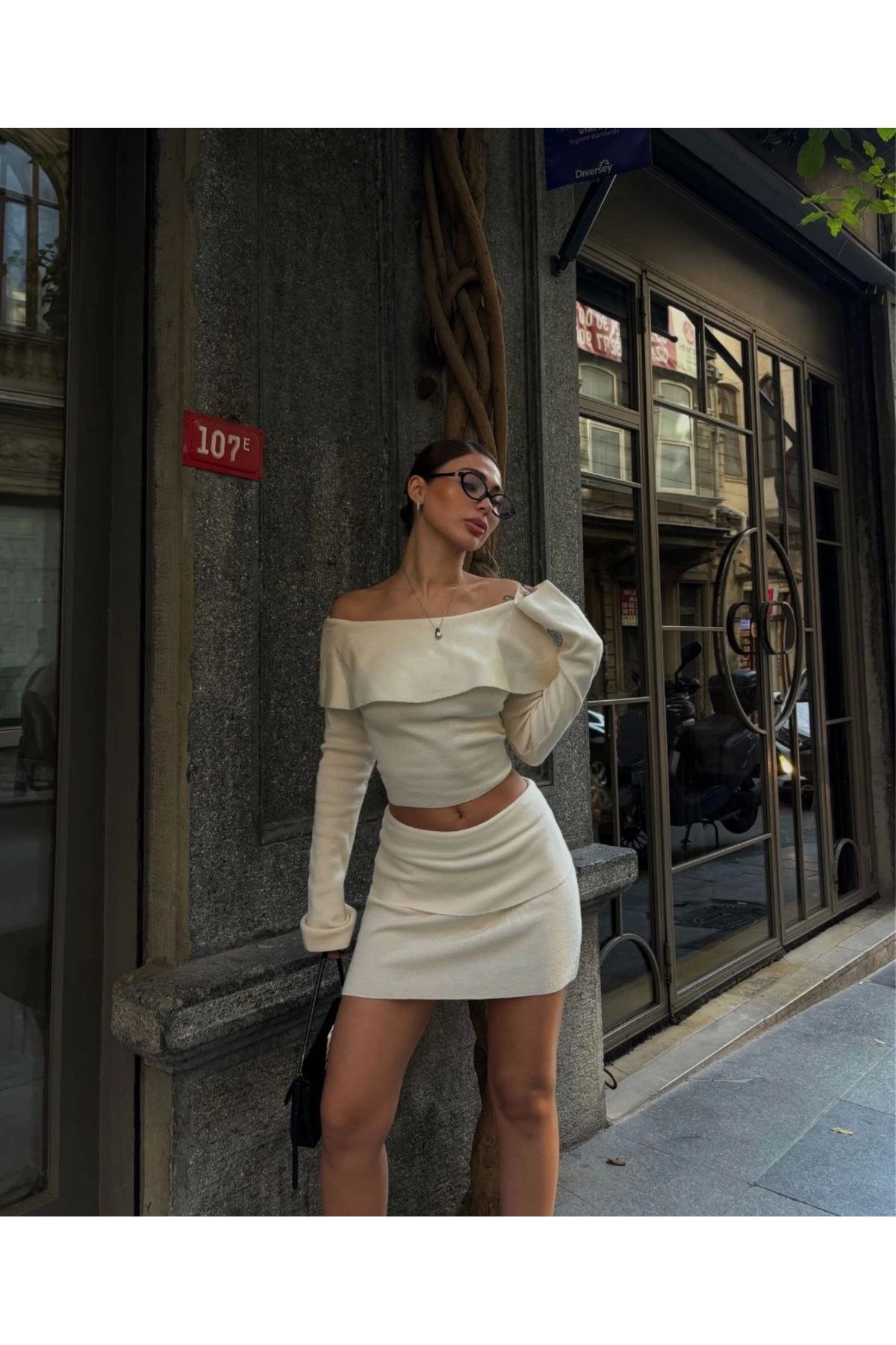 MODA Croplu Mini Etekli ikili Takım Triko - Beyaz