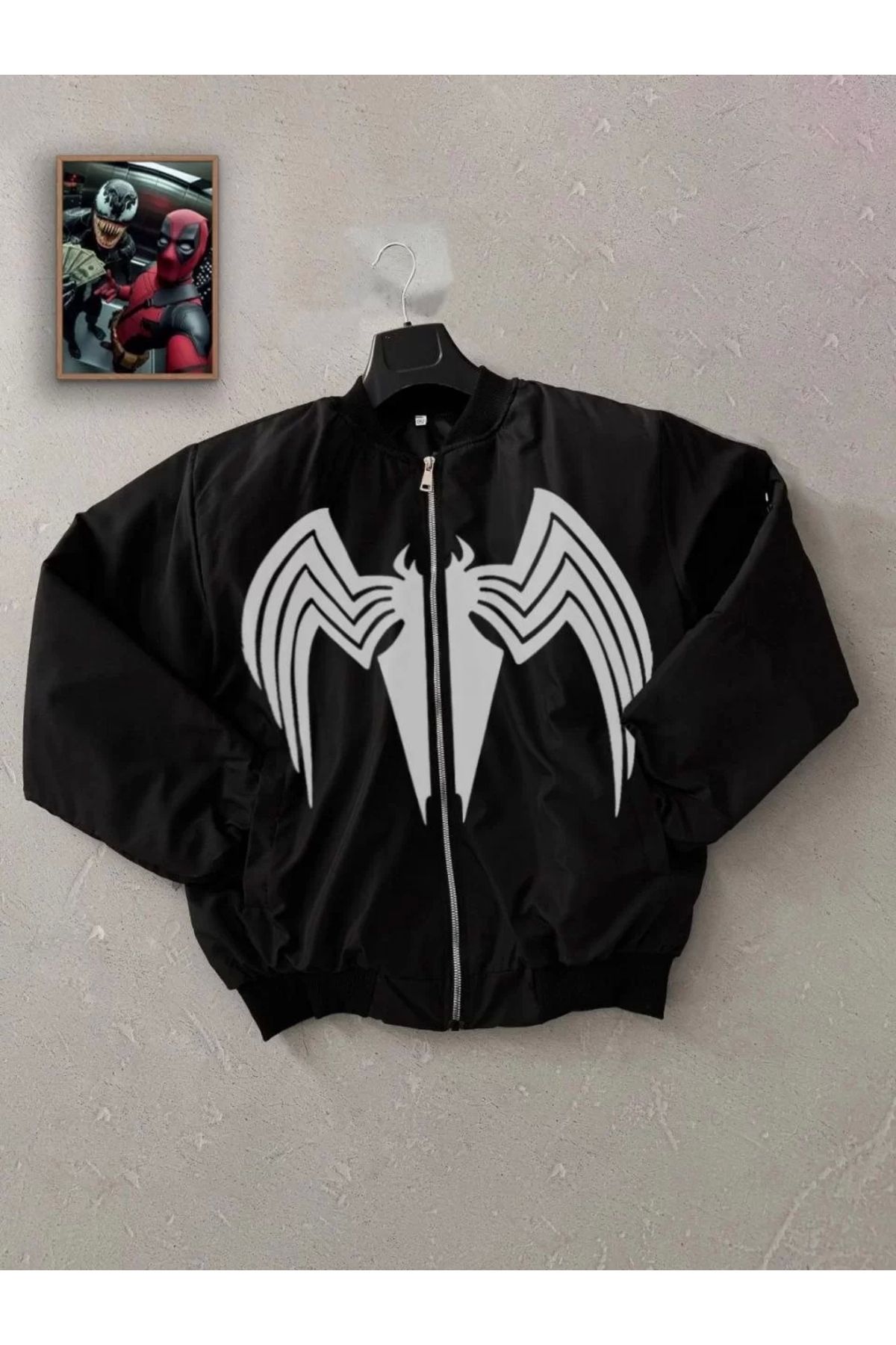 MODA Unisex Uzun Kol Örümcek Baskılı Bomber Ceket - Siyah (#3044)
