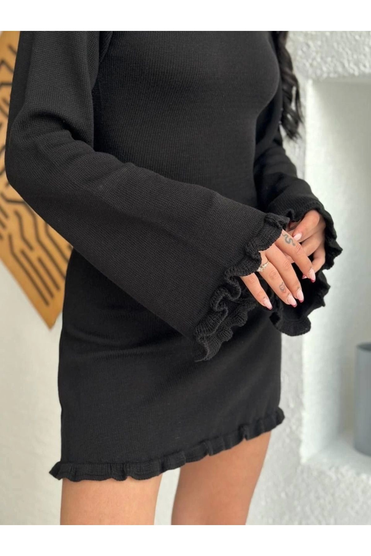 MODA Sırt Pencereli Mini Triko Elbise - Siyah