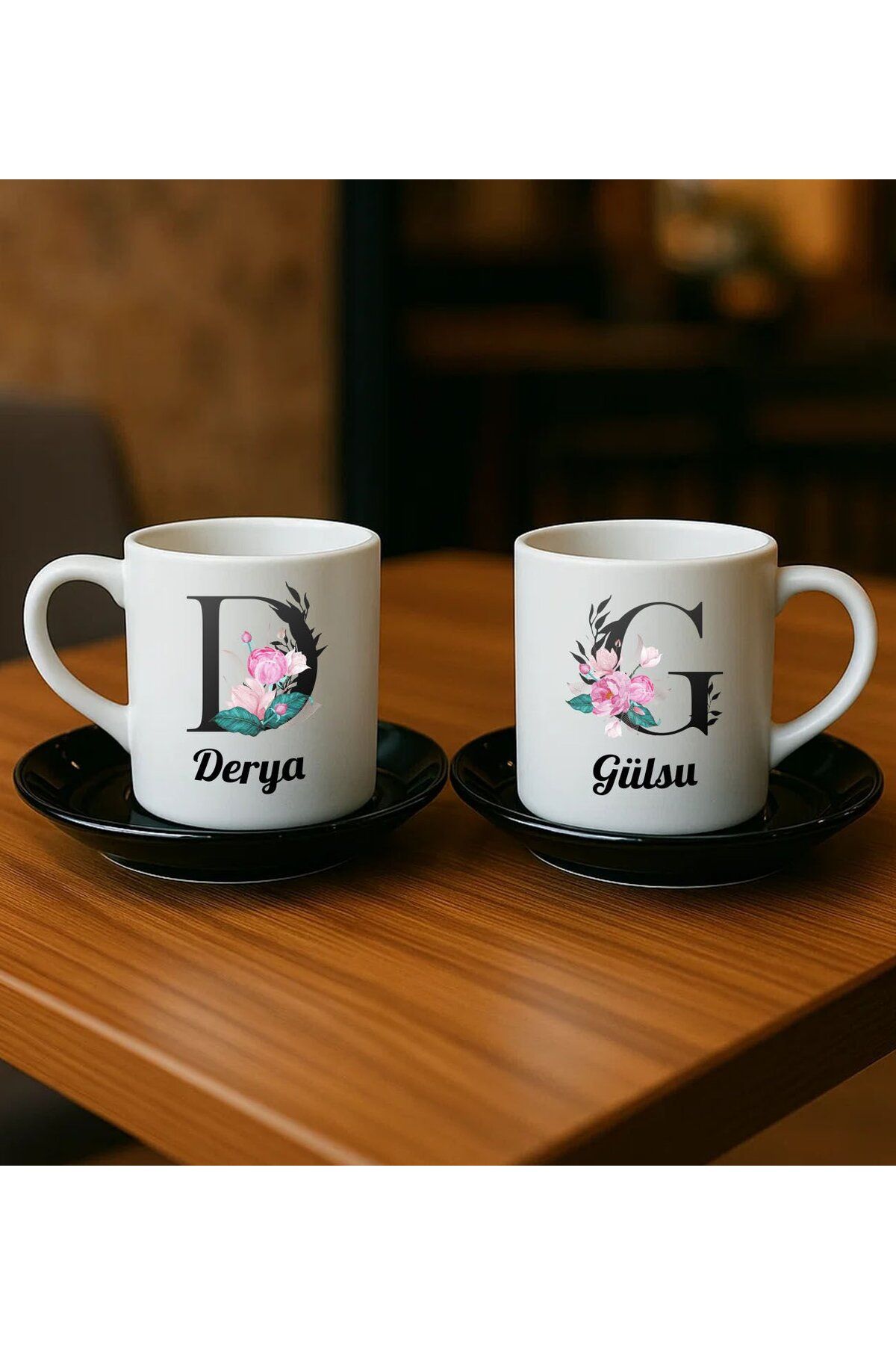 Bk Gift Kişiye Özel Harf ve İsim Tasarımlı 2'li Siyah Tabaklı Türk Kahvesi Fincan Takımı-1, Sevgiliy