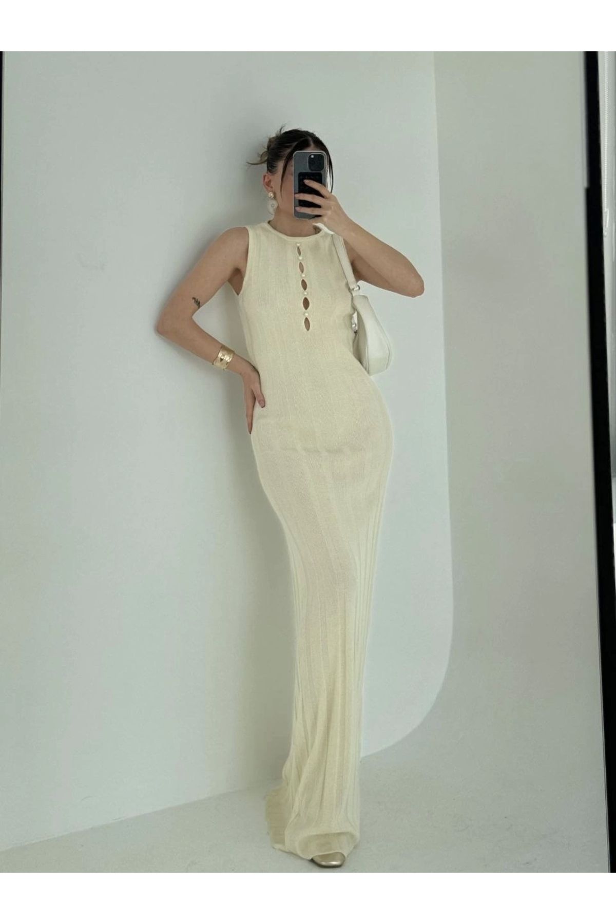 MODA Kalın Fitilli Uzun Triko Elbise - Kırık Beyaz