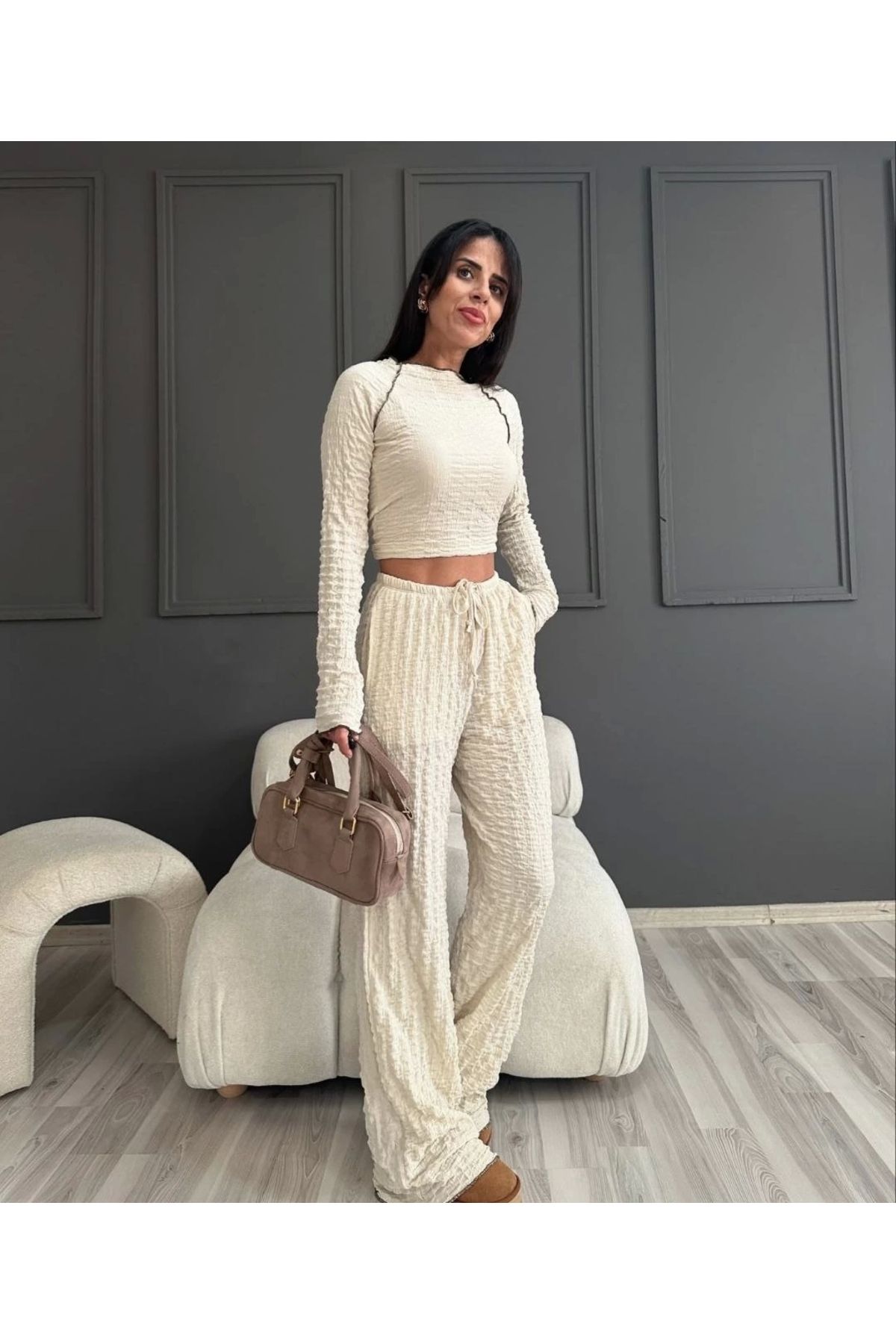 MODA Uzun Kollu Badi ve Pantolon İkili Takım - Bej