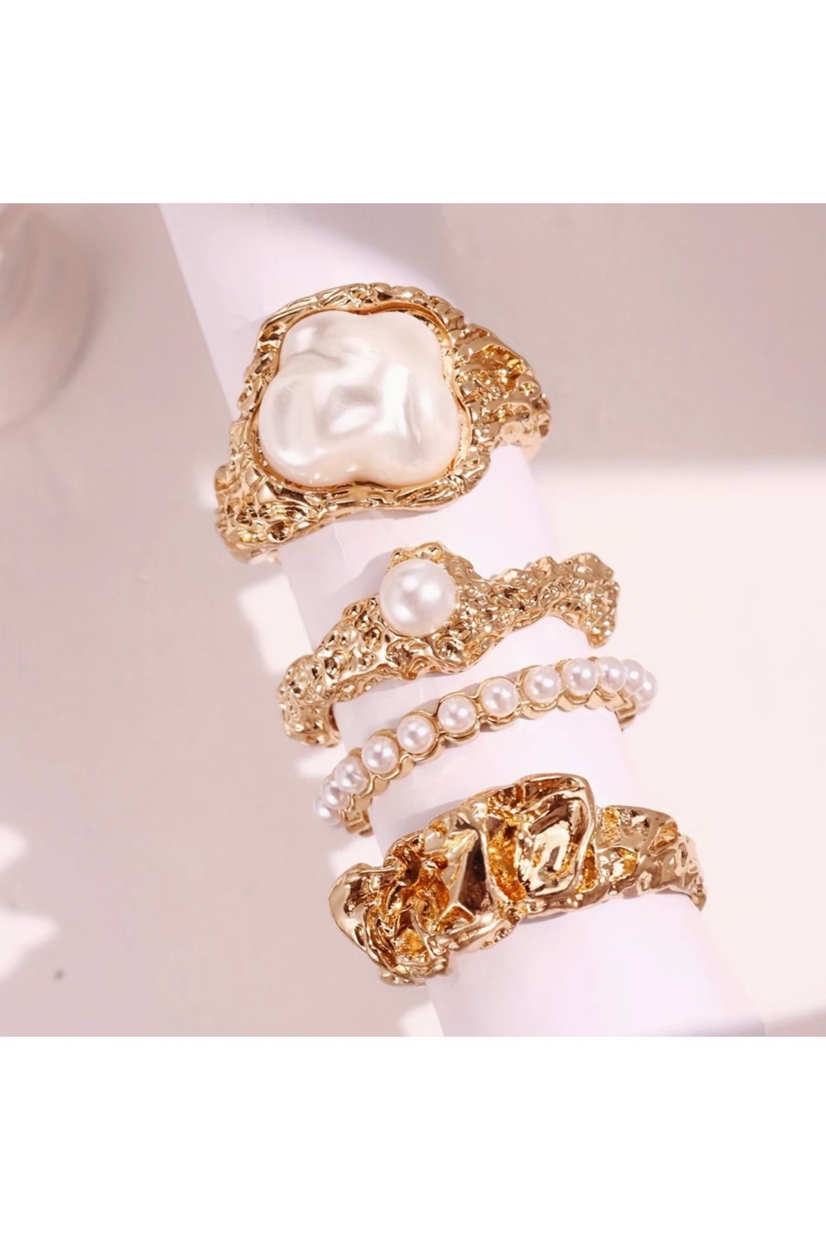 Takıtolia Heawen Gold Renk - 4 Adet İncili Taşlı Şık Tasarım Vintage Çoklu Ayarlanabilir Altın Yüzük Seti