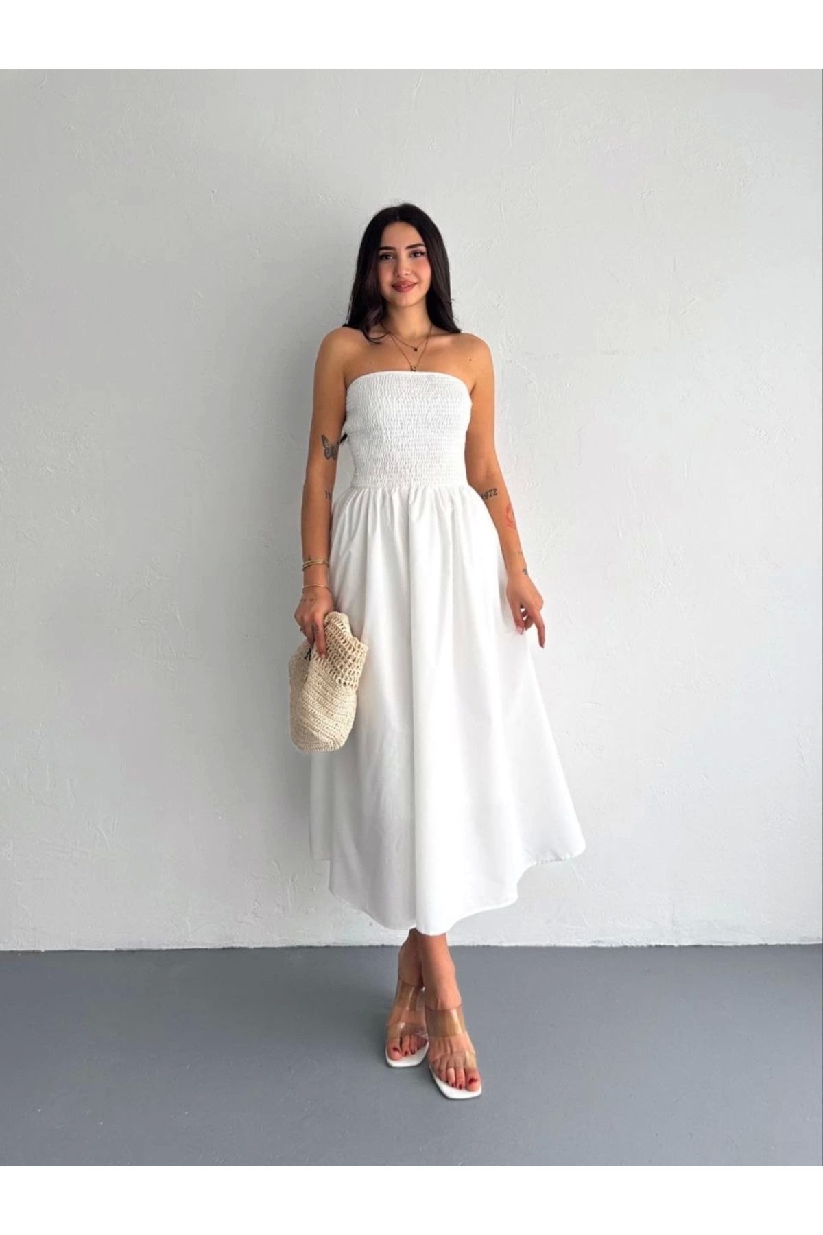 MODA Straplez Pileli Elbise - Beyaz