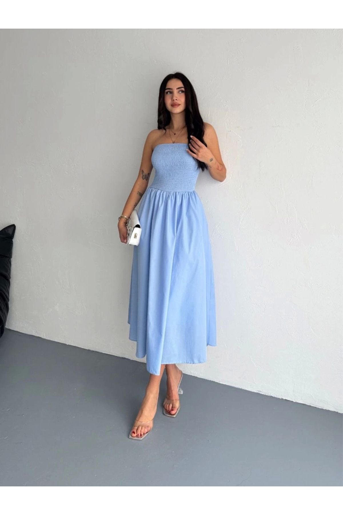 MODA Straplez Pileli Elbise - Açık Mavi