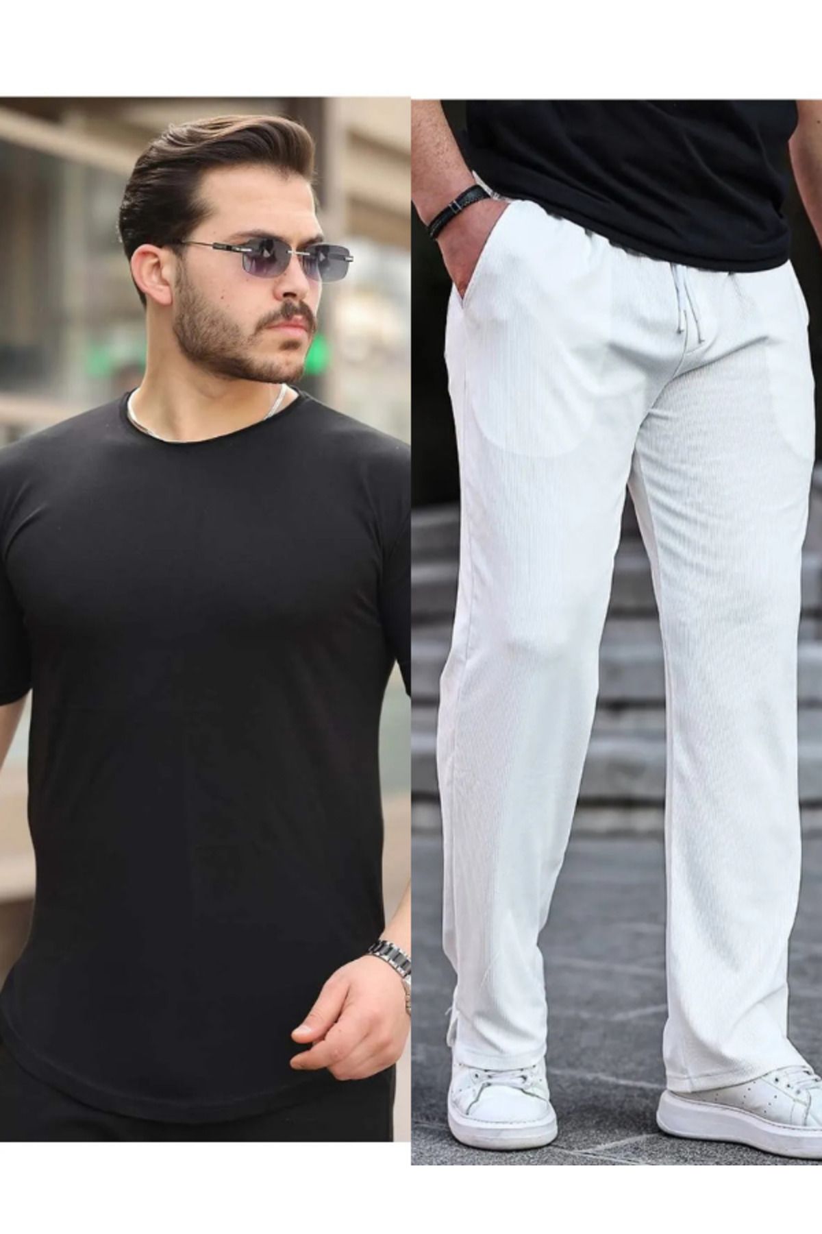 Liberto Erkek Oversize Pis Yaka Tişört + Yırtmaçlı Ottoman Baggy Alt Takım – Rahat ve Sokak Stili Kombin
