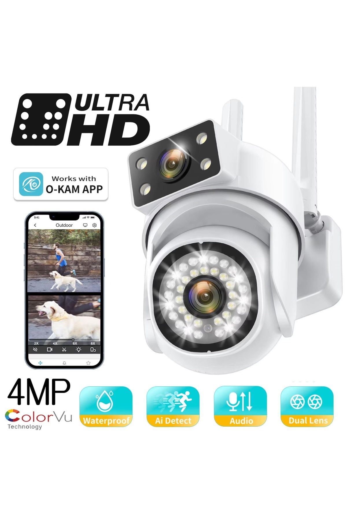 jetucuzal O-KAM PRO APP WSP-345 4MP Çift Kamera PTZ Kablosuz Wifi IP Sesli Kamera