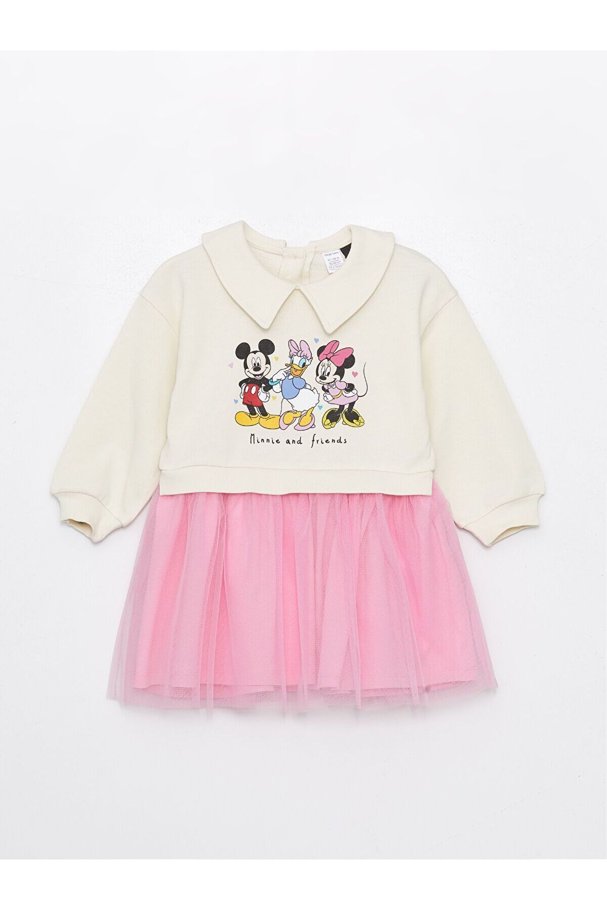 LC Waikiki Gömlek Yaka Uzun Kollu Minnie Mouse Baskılı Kız Bebek Elbise