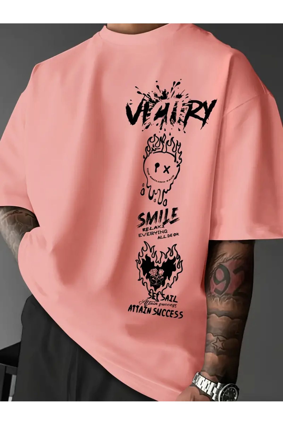 LAND MODA Erkekler için Rahat Gevşek Kalıp Grafikli Tişört - Canlı Pembe Grafiti Baskı ile Kafatası