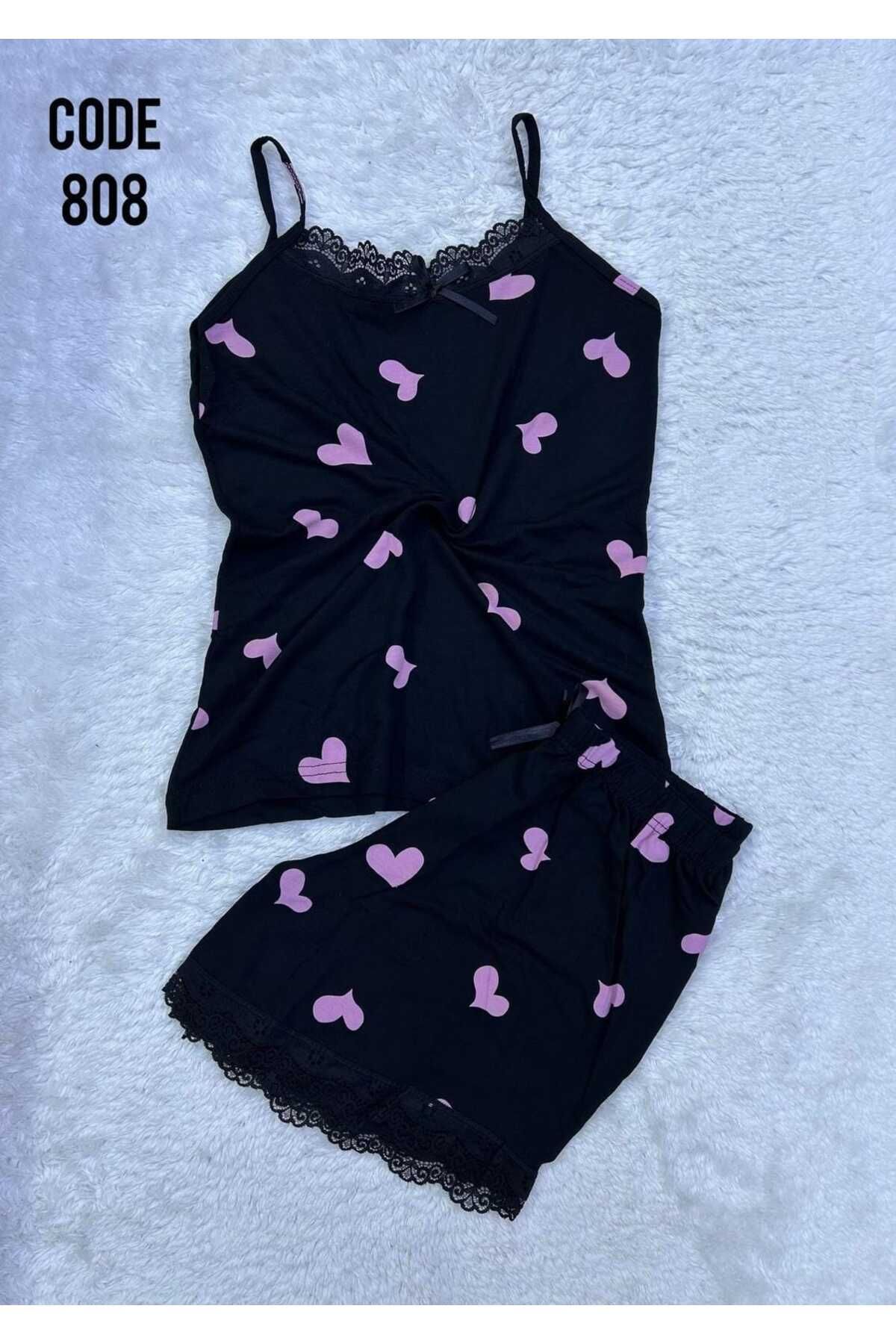 XORVİO Kadın İp Askılı Şortlu Dantel Detaylı Gecelik Desenli Yumuşacık Yazlık Modal Pijama Takım