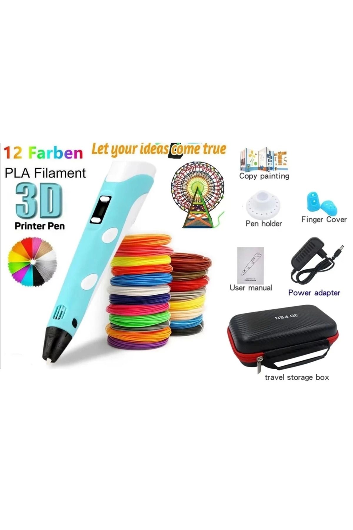 karadağsb 3D Pen Üç Boyutlu Yazıcı Kalem Printer (12 Adet 3 Metre Filament -36 Metre Led Ekranlı Adatörlü