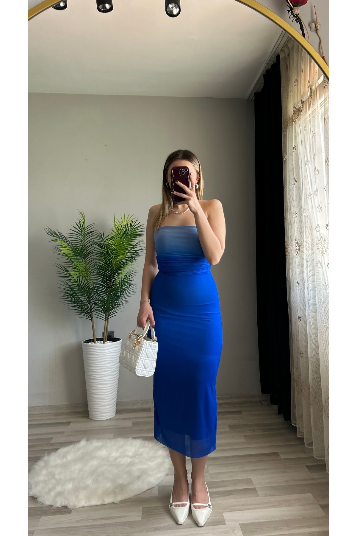 ensbutik Renk Geçişli Straplez Midi Elbise