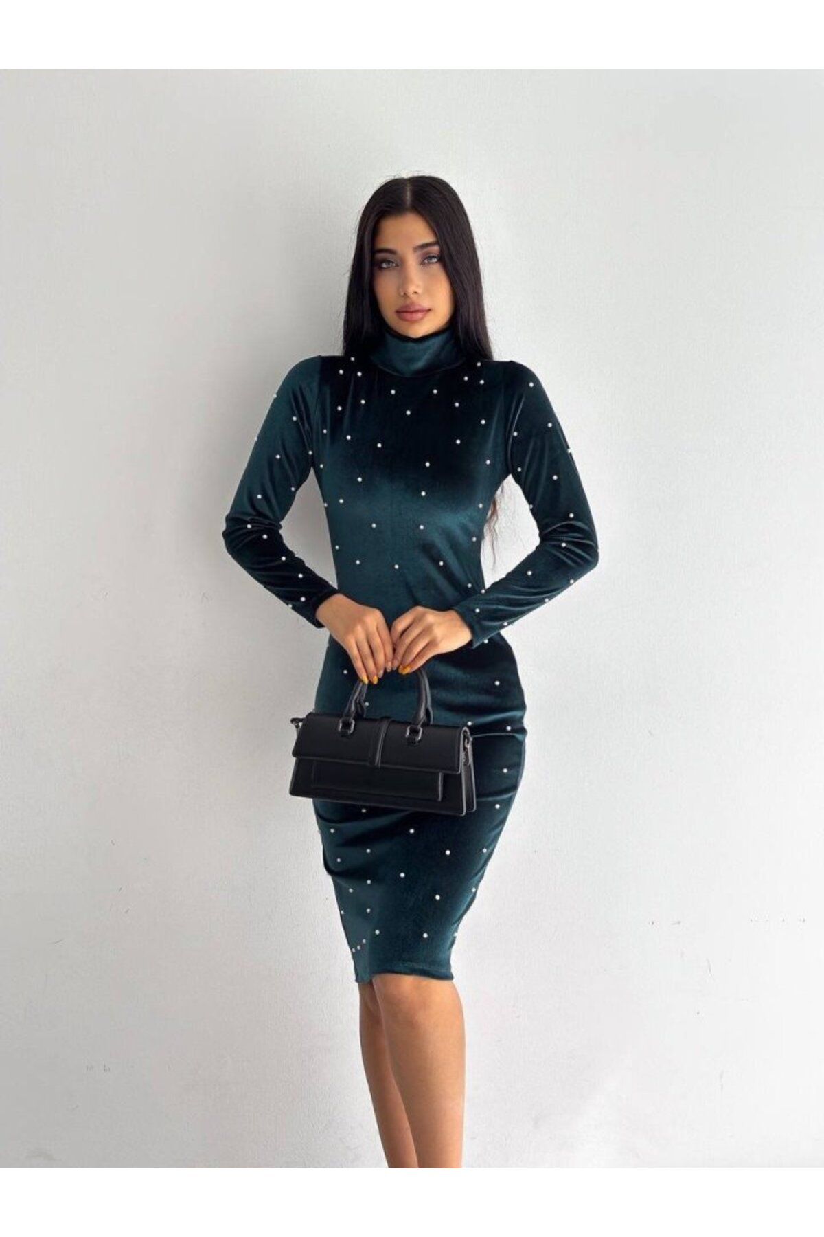 royq Kadın Balıkçı Yaka Inci Detay ürün Kadife Kumaş Mini Elbise