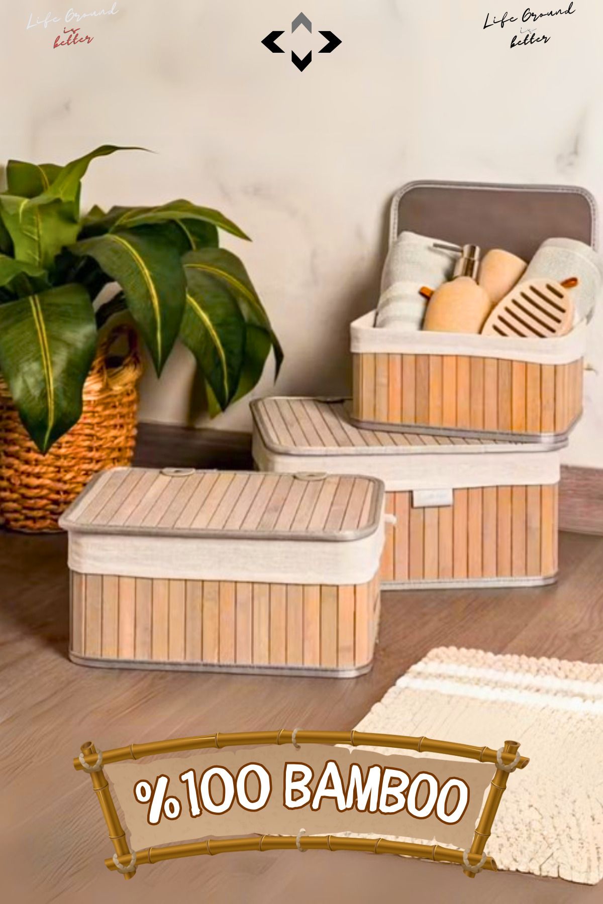 LİGROUND 3'lü Bambu Sepet Kapaklı Hasır Bambu Ahşap Sepet Bambu Organizer Ev Düzenleyici Toplama