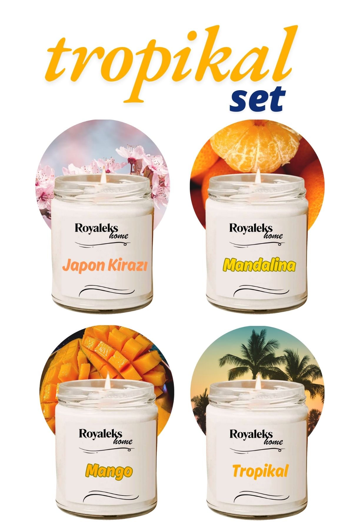 Royaleks 4 Adet Doğal Özel Seri Kokulu Dekoratif Kavanoz Mum 4X210 cc - Tropikal Set - RYL