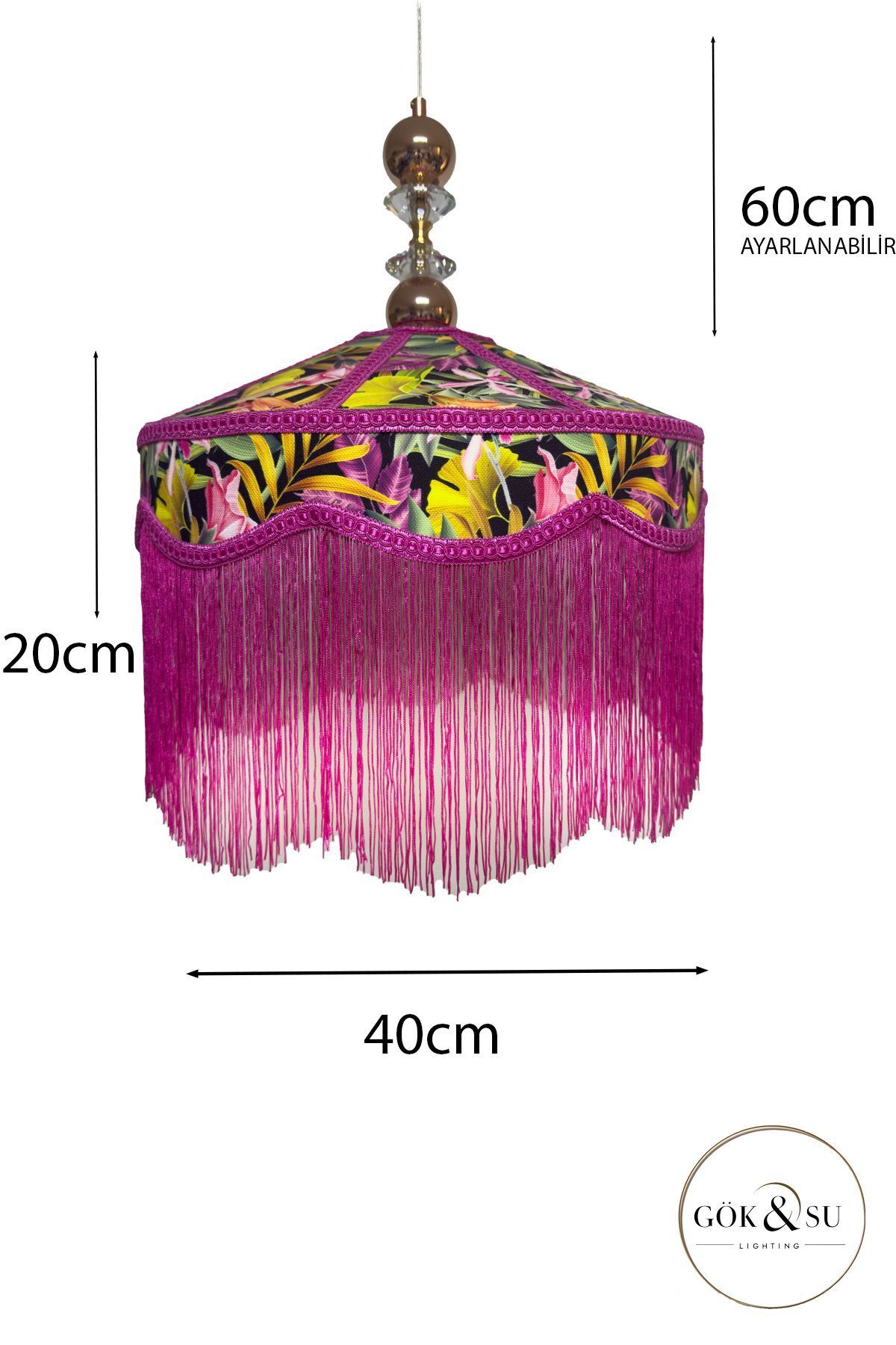 Göksu Lighting Çiçek Desenli Fuşya Püsküllü Sarkıt Avize Salon Oturma Odası Yatak Odası Antre
