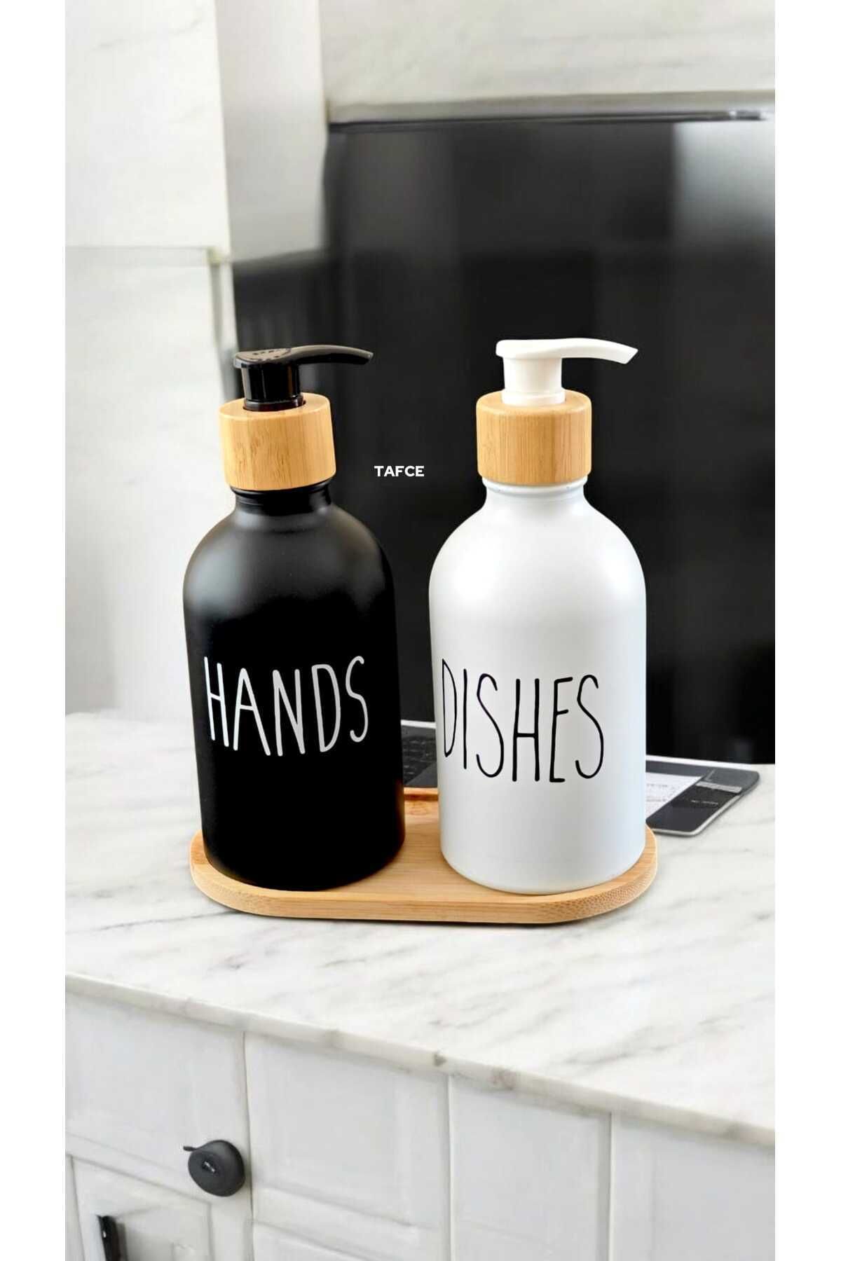 tafce Lotion 2’li Siyah Beyaz Mutfak Sıvı Sabunluk Seti 500ml+500ml Bambu Tepsili Sabunluk