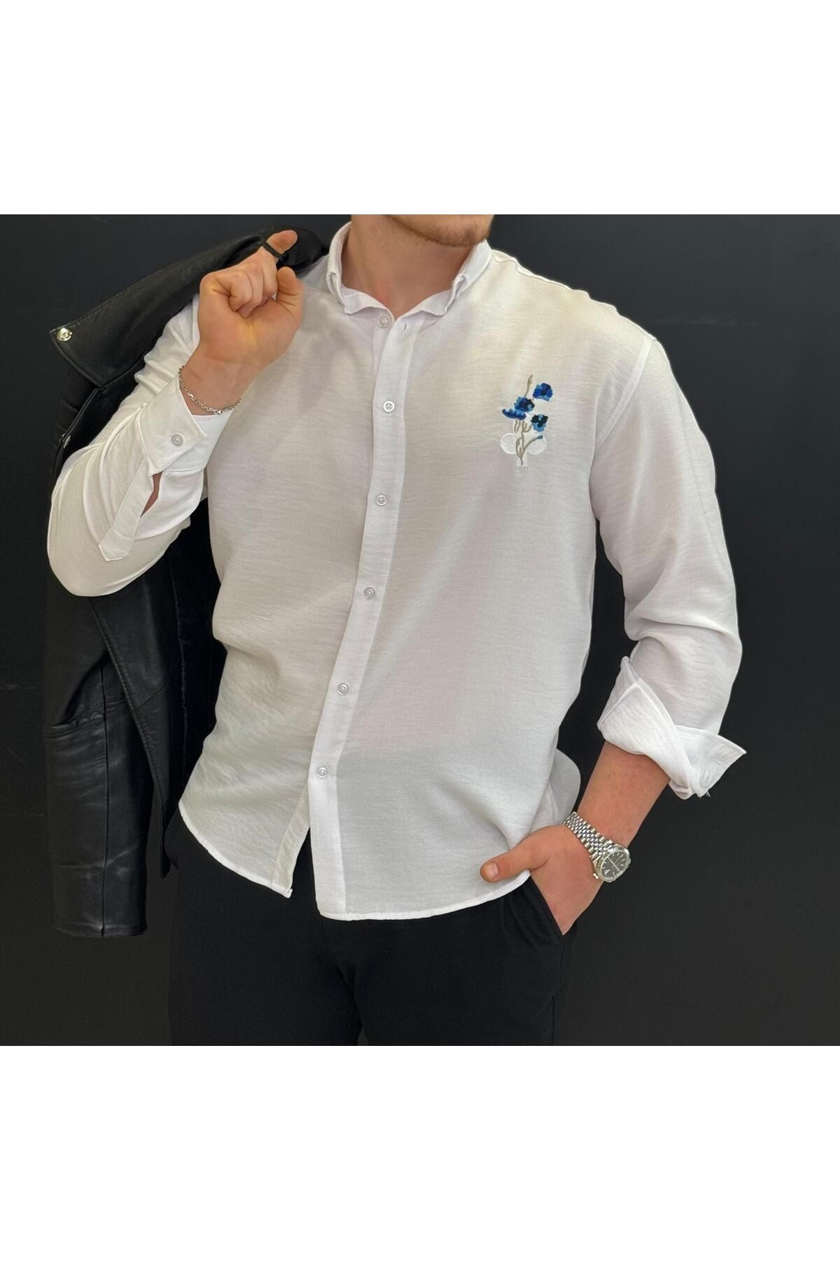 Alpha star Ütü gerektirmez nakış detaylı keten oversize gömlek