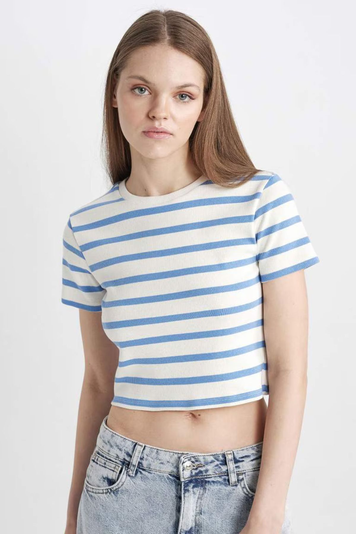 DeFacto Coool Fitted Crop Çizgili Ribana Kısa Kollu Tişört