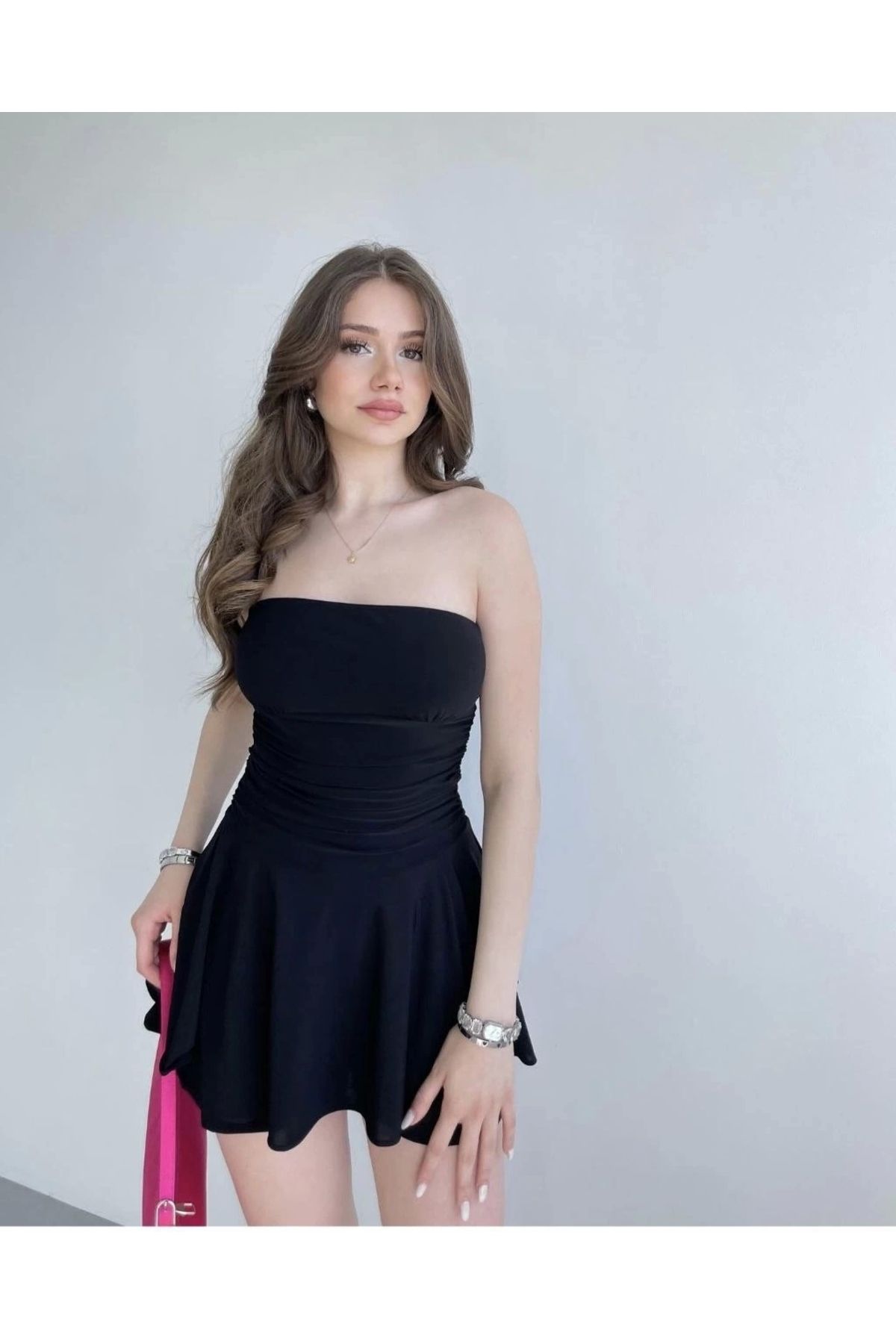 MODA Kadın Straplez Sandy Kumaş Şortlu Prenses Etek Mini Klos Elbise- Siyah