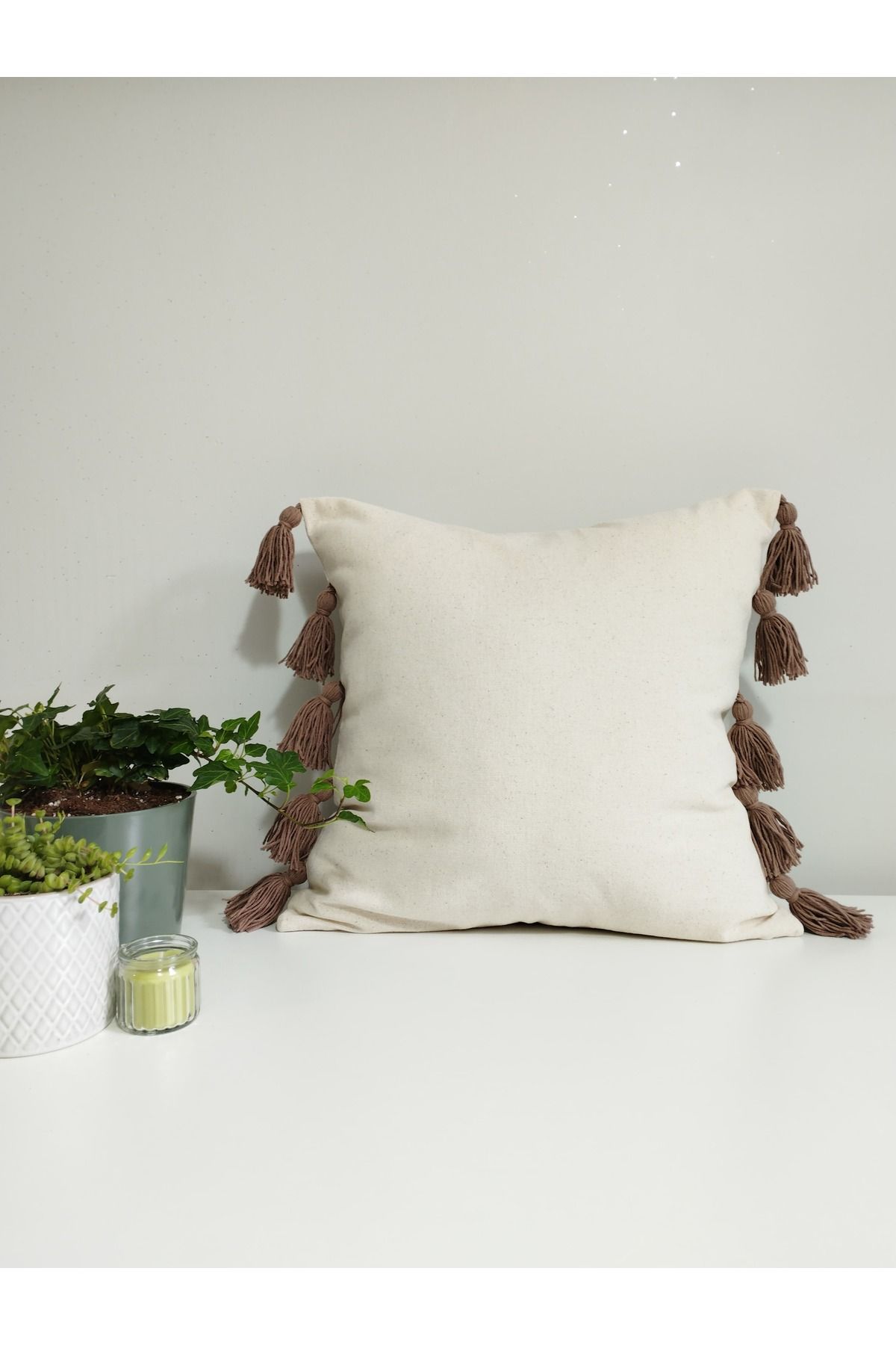 shop Ekru Püskül Detaylı Bohem Keten Kumaş Kırlent