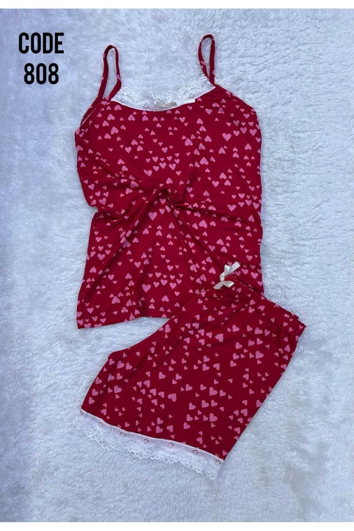 XORVİO Kadın İp Askılı Şortlu Dantel Detaylı Gecelik Desenli Yumuşacık Yazlık Modal Pijama Takım