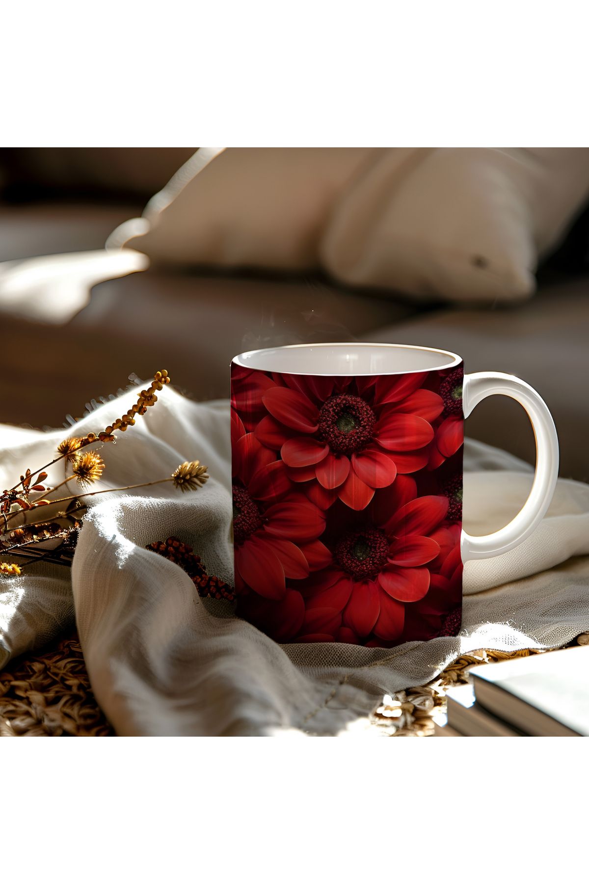 waspandhornet Kırmızı Gerbera Desenli Seramik Kupa